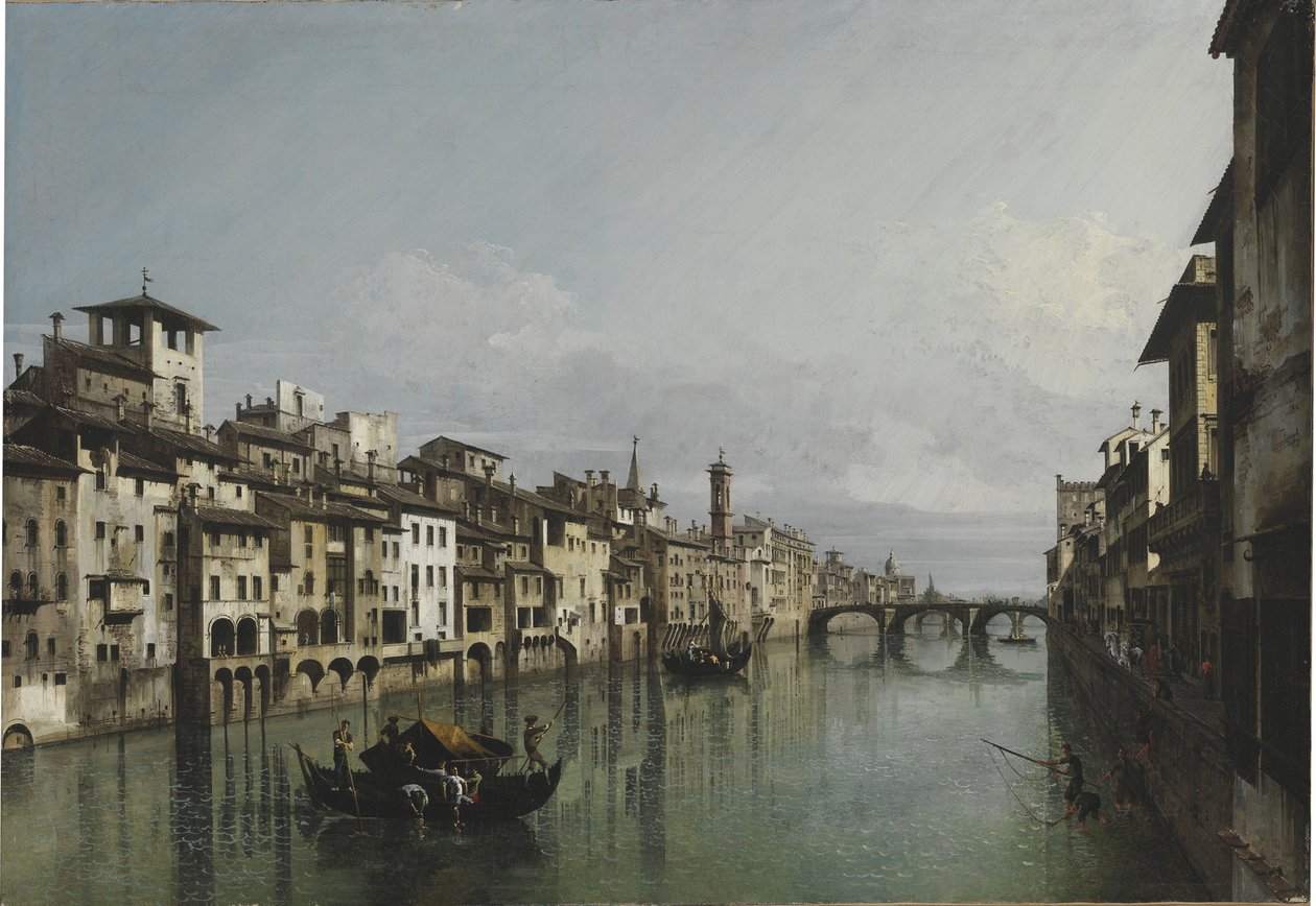 Arno między Ponte Vecchio i Ponte Santa Trinità, Florencja, 1740. autorstwa Bernardo Bellotto