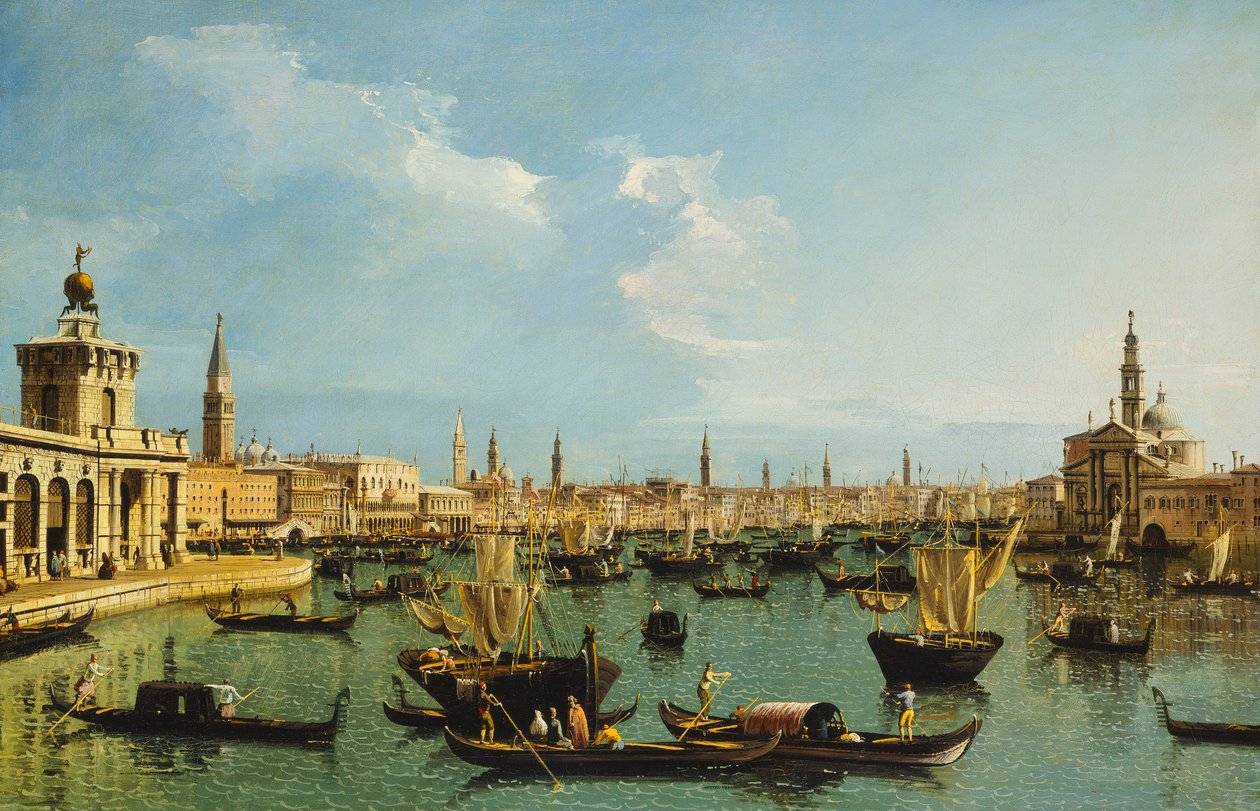Bacino di San Marco, Wenecja, od Kanału Giudecca z Doganą, Molo, Riva degli Schiavoni, Kościół San Giorgio Maggiore i licznymi łodziami, autorstwa Bernardo Bellotto