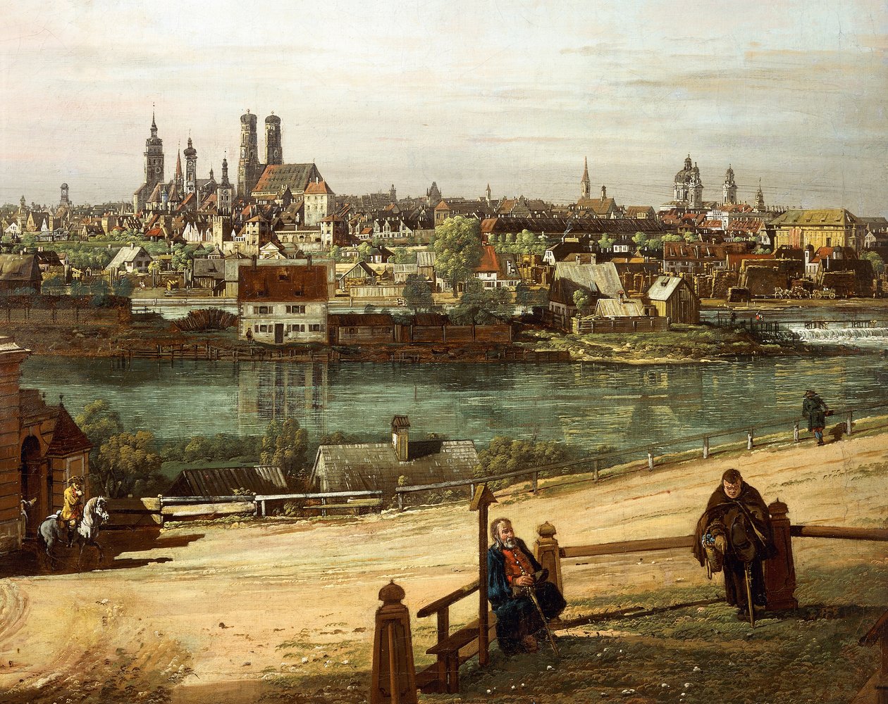Widok Monachium z Haidhausen z rzeką Izarą w centrum, fragment autorstwa Bernardo Bellotto