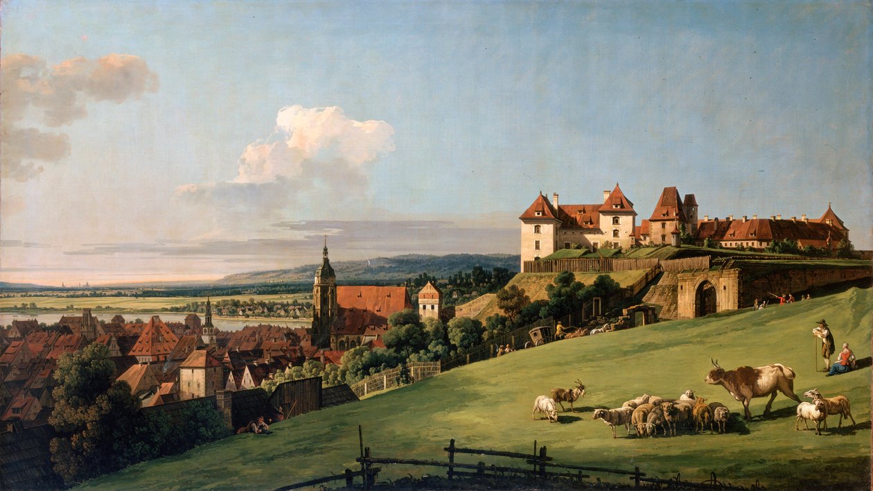 Widok Pirny z zamku Sonnenstein, lata 50. XVIII wieku. autorstwa Bernardo Bellotto