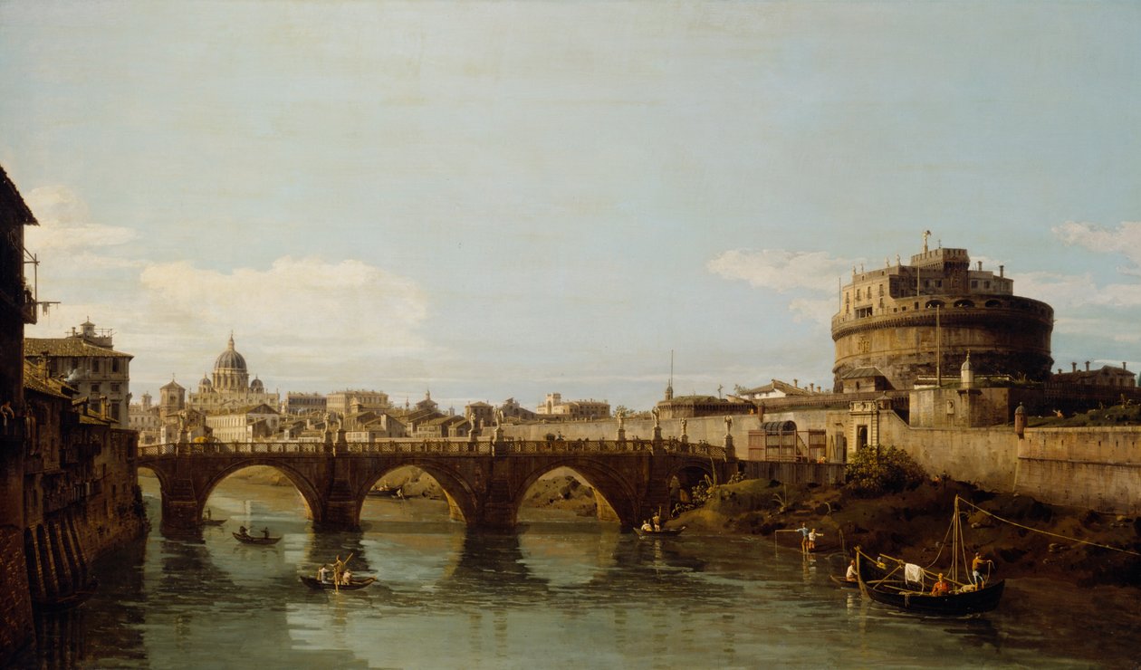 Widok Tybru w Rzymie z Zamkiem Świętego Anioła, ok. 1743 autorstwa Bernardo Bellotto