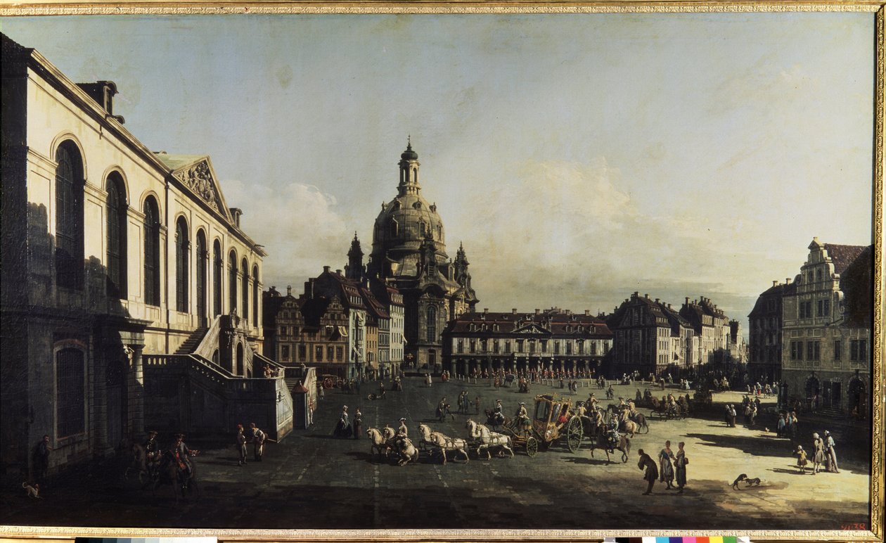 „Widok na Nowy Rynek w Dreźnie” (Neumarkt w Dreźnie) Możemy zobaczyć kościół NMP (Notre-Dame) (Frauenkirche) Obraz Bernardo Bellotto (1720-1780) 1747 wym. 134x236 cm Muzeum „Ermitaż, Sankt Petersburg (Petersburg) autorstwa Bernardo Bellotto