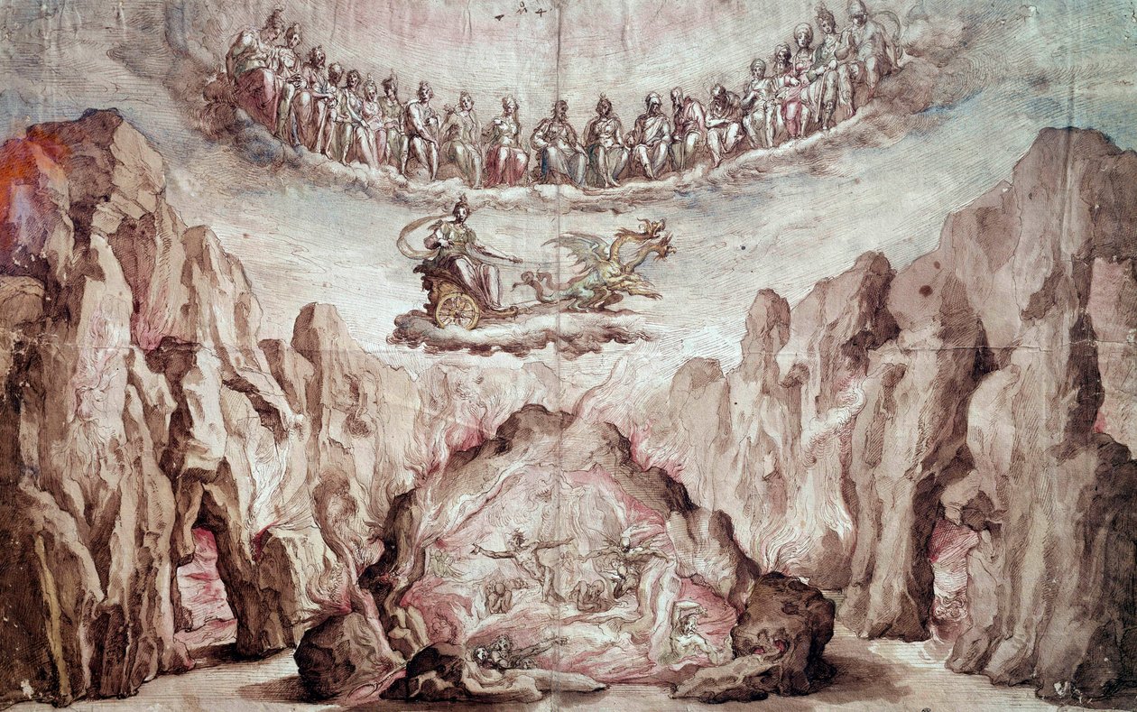 Projekt wystroju i maszynerii półproduktu Le Tromphe de Circe. Rysunek Bernardo Buontalenti dit delle Girandole (ok. 1523-1608) niedz 0,46x0,72 m. Paryż, Luwr autorstwa Bernardo Buontalenti