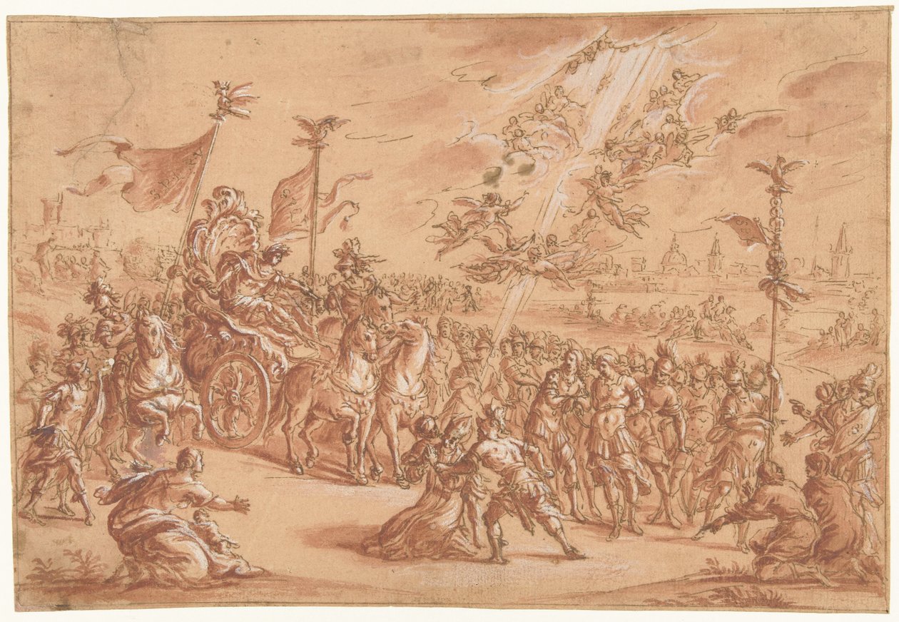Święty biskup klęka obok procesji rzymskiego imperatora autorstwa Bernardo Castello (attributed to)