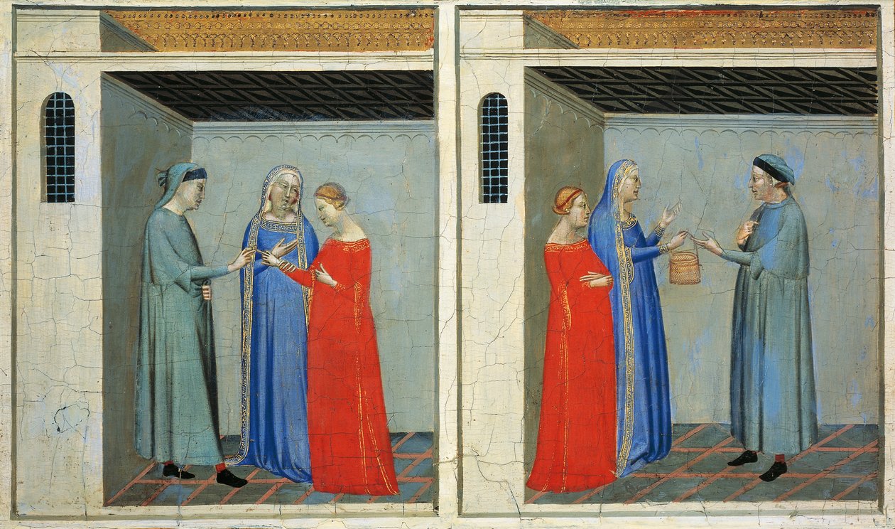 Predella with Stories of Sacra Cintola: marriage of Michael receiving dowry of Sacra Cintola, by Bernardo Daddi (1290-1348) autorstwa Bernardo Daddi