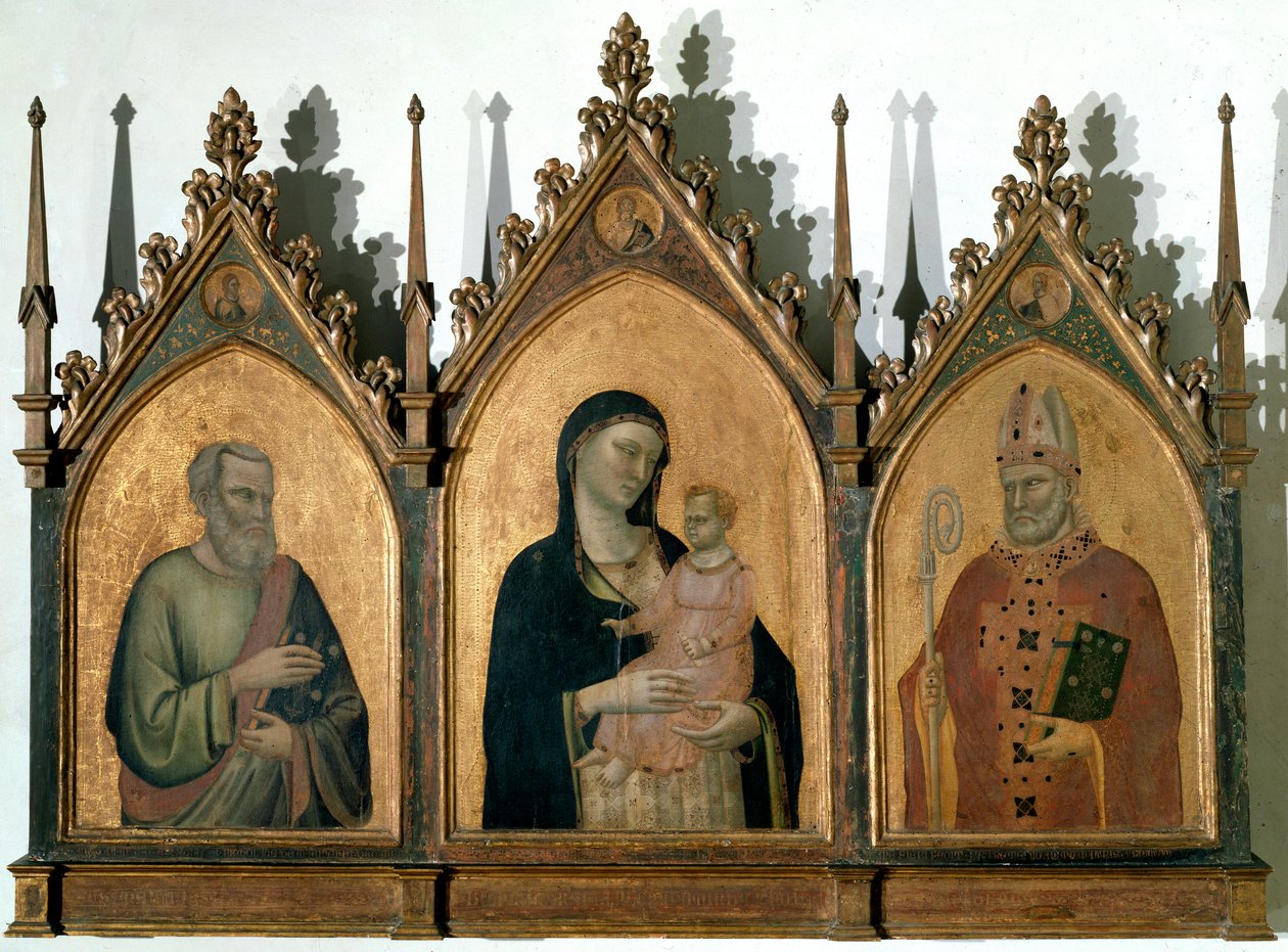 Tryptyk Wszystkich Świętych czyli Madonna z Dzieciątkiem pomiędzy św. Mateuszem Ewangelistą a św. Mikołajem z Bari - Tempera na desce autorstwa Bernardo Daddi