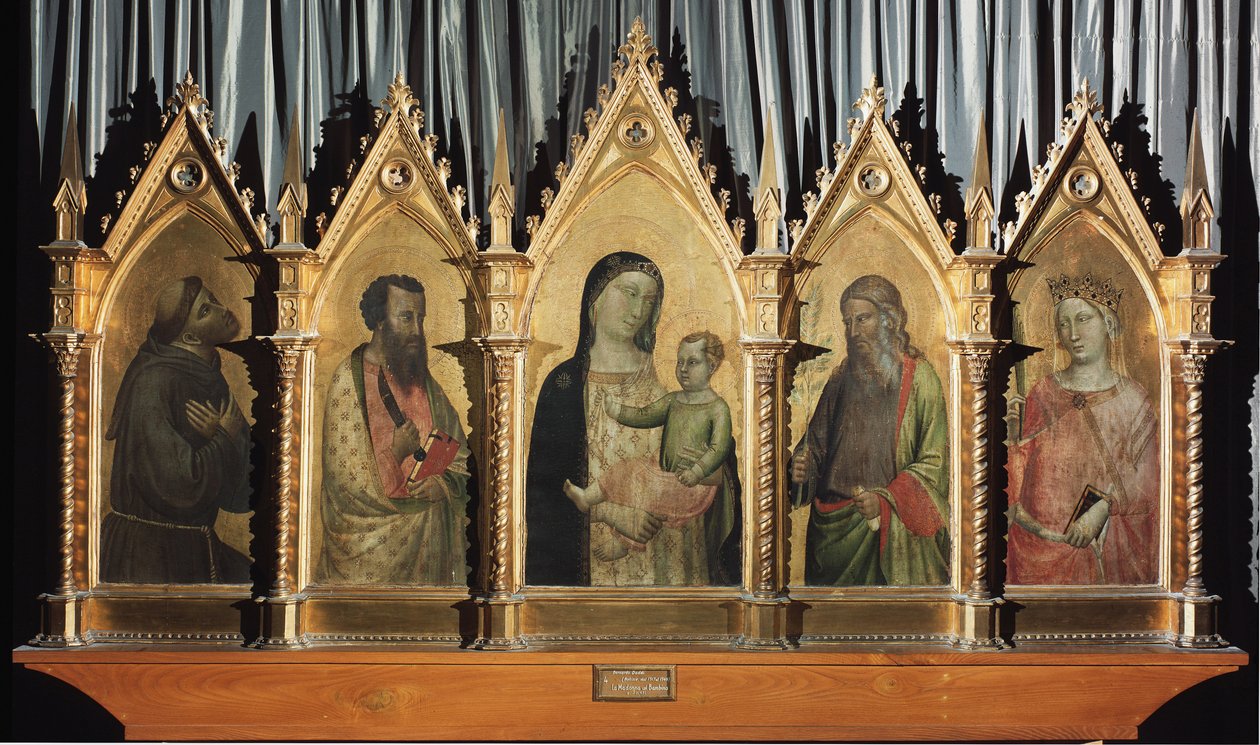 Dziewica z Dzieciątkiem ze świętymi Franciszkiem, Bartłomiejem, św. Janem i św. Katarzyną Aleksandryjską - tempera na panelu autorstwa Bernardo Daddi