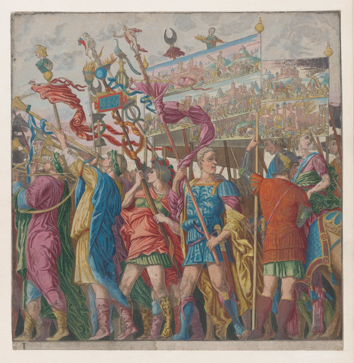 Arkusz 1: Żołnierze niosący sztandary przedstawiające triumfalne wyczyny wojskowe Juliusza Cezara,..., 1599. autorstwa Bernardo Malpizzi