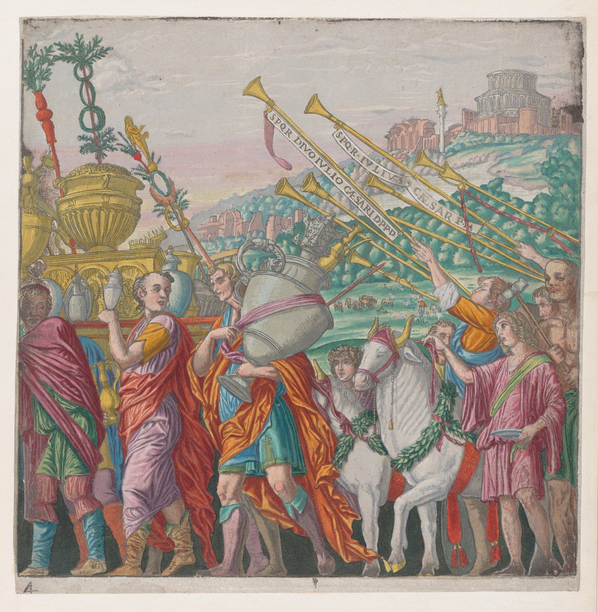 Arkusz 4: Mężczyźni niosący trofea po lewej, trębacze po prawej, z Triumfu Juliusza Ca..., 1599. autorstwa Bernardo Malpizzi