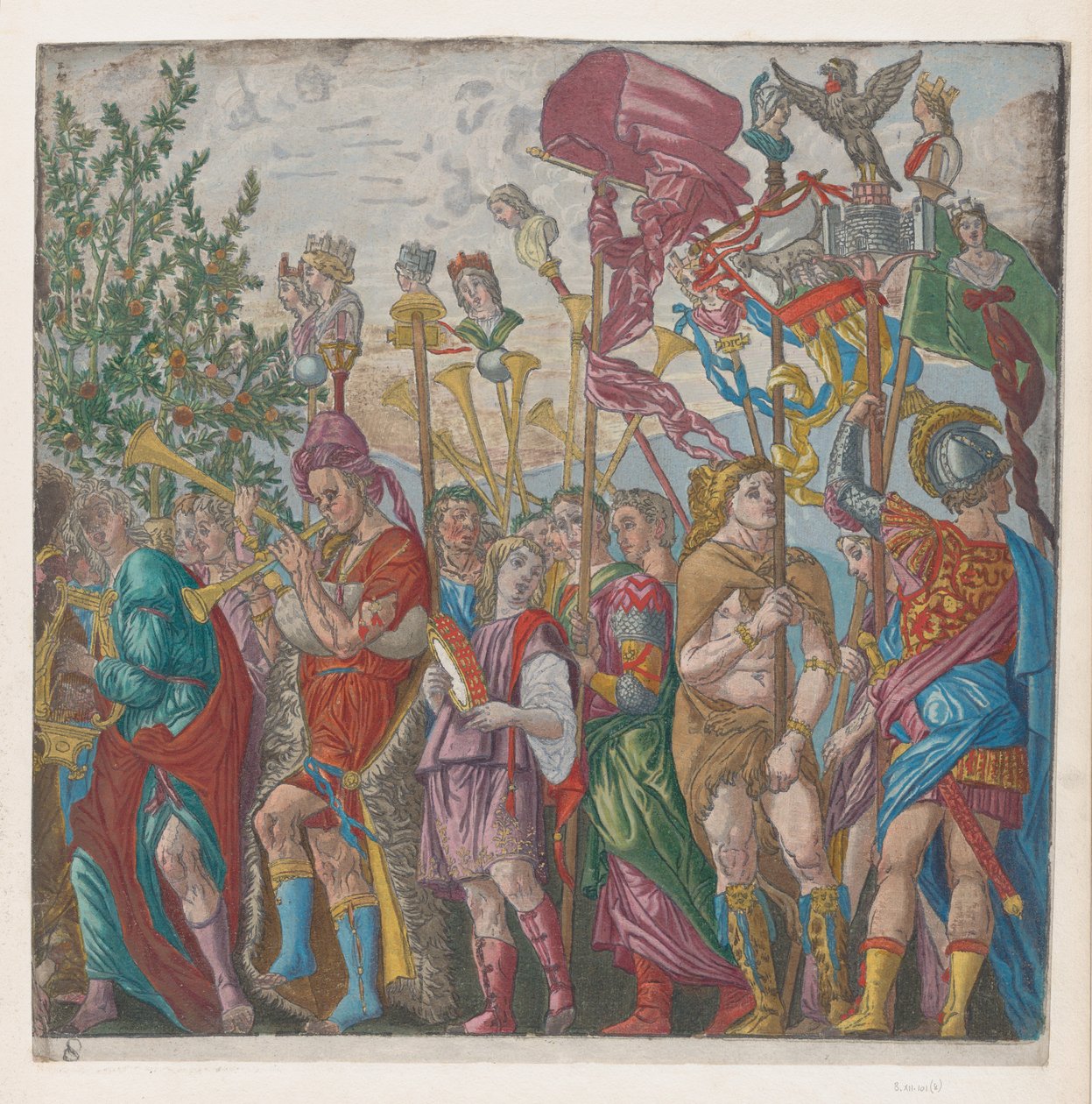 Arkusz 7: procesja Muzyków i innych trzymających chorągwie, z Triumfu Juliusza ..., 1599. autorstwa Bernardo Malpizzi