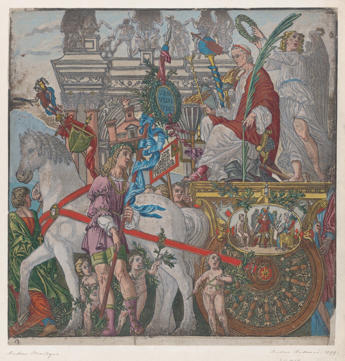 Arkusz 9: Juliusz Cezar w swoim rydwanie konnym, z Triumfu Juliusza Cezara, 1599. autorstwa Bernardo Malpizzi