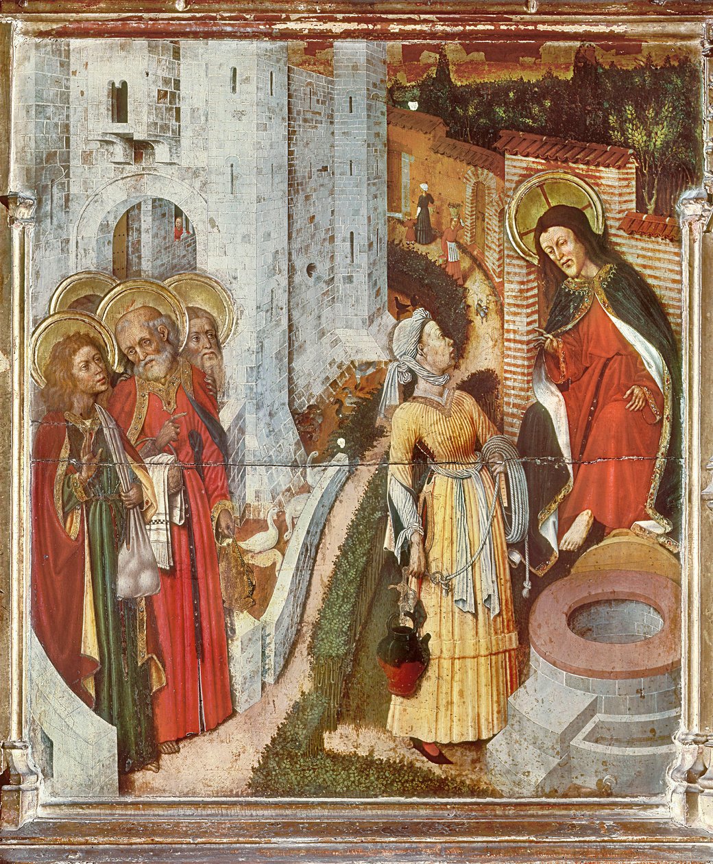 Jezus i Samarytanka, fragment z Ołtarza Przemienienia Pańskiego, ok. 1445 (malarstwo na drewnie) autorstwa Bernardo Martorell