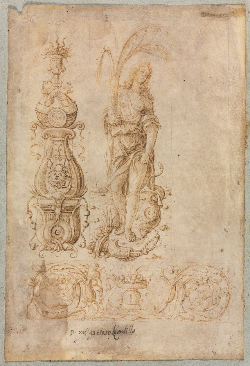 Projekt kandelabru, Alegoryczna figura obfitości, Projekt płaskorzeźby ozdobnej, ok. 1900 1490s. autorstwa Bernardo Parentino