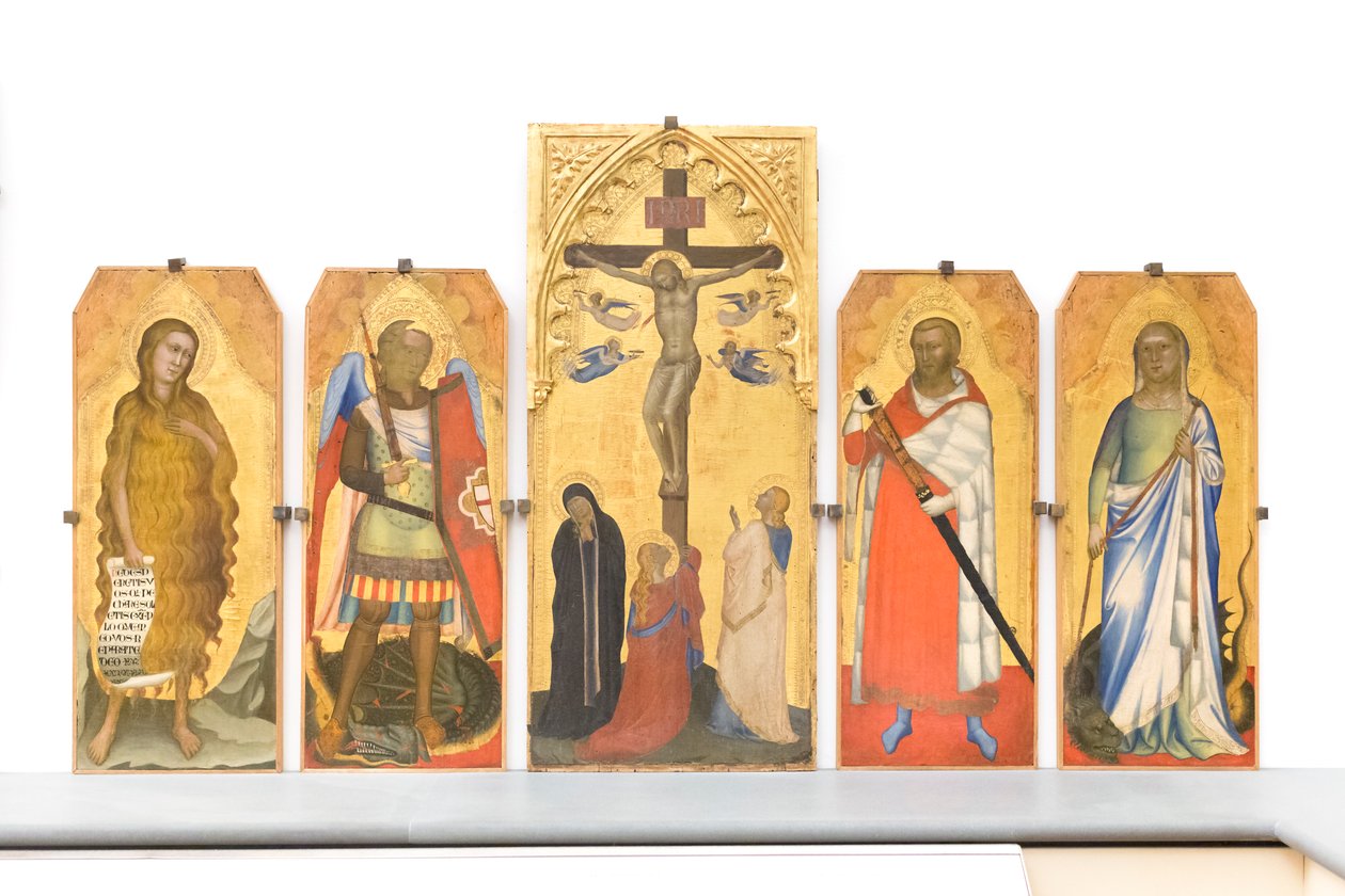 Ukrzyżowanie z żałobnikami i Marią Magdaleną u stóp Krzyża autorstwa Bernardo & Simone Puccio di (fl.1345 65) Daddi