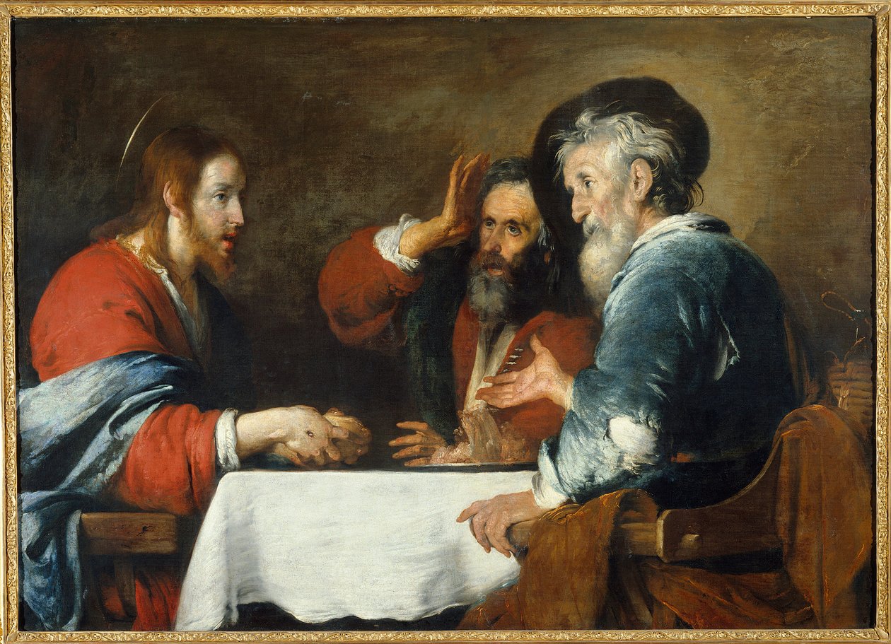 Chrystus ma Emaus Chrystus ukazuje się pielgrzymom siedzącym przy stole w gospodzie w Emaus. Obraz Bernardo Strozziego (1581-1644) 1640 nd. 1,24x1,72 m Grenoble, Musee des Beaux Arts autorstwa Bernardo Strozzi