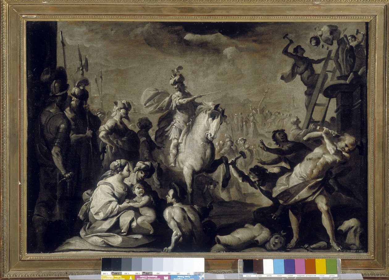 Konstantyn (Konstantyn I, Kajusz Flawiusz Waleriusz Aureliusz Konstantyn, cesarz rzymski zmarł w 337) odpychający bożków. (papier maruflowy na płótnie) autorstwa Bernardo Strozzi