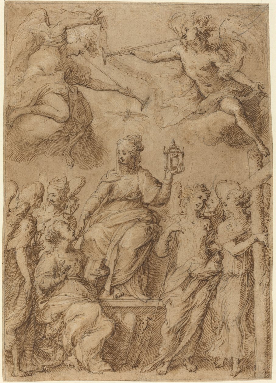 Ecclesia w otoczeniu aniołów trzymających instrumenty męki autorstwa Bernardo Strozzi