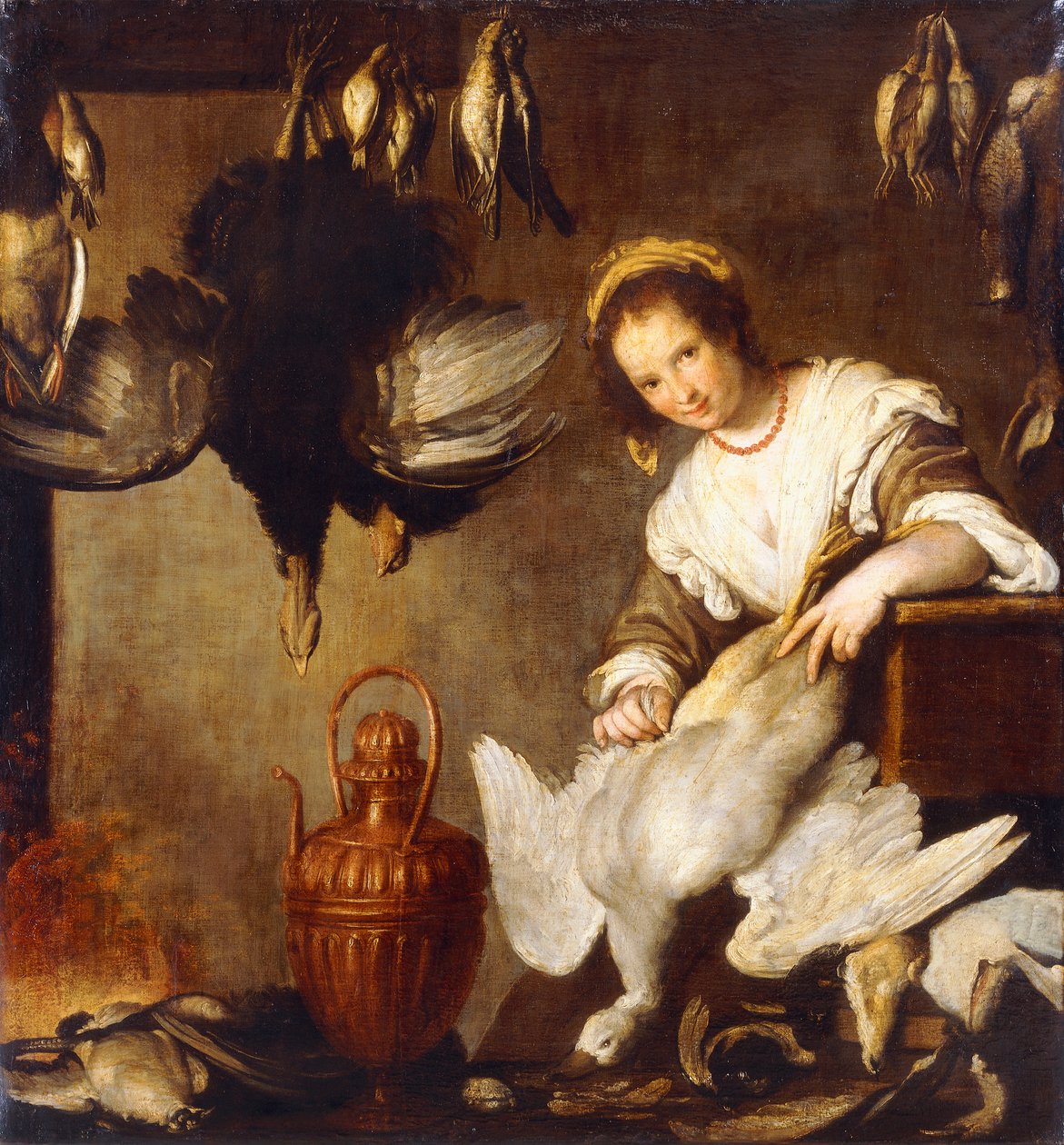 La Cuoca - Pokojówka kuchenna wyrywająca gęś we wnętrzu, autorstwa Bernardo Strozzi