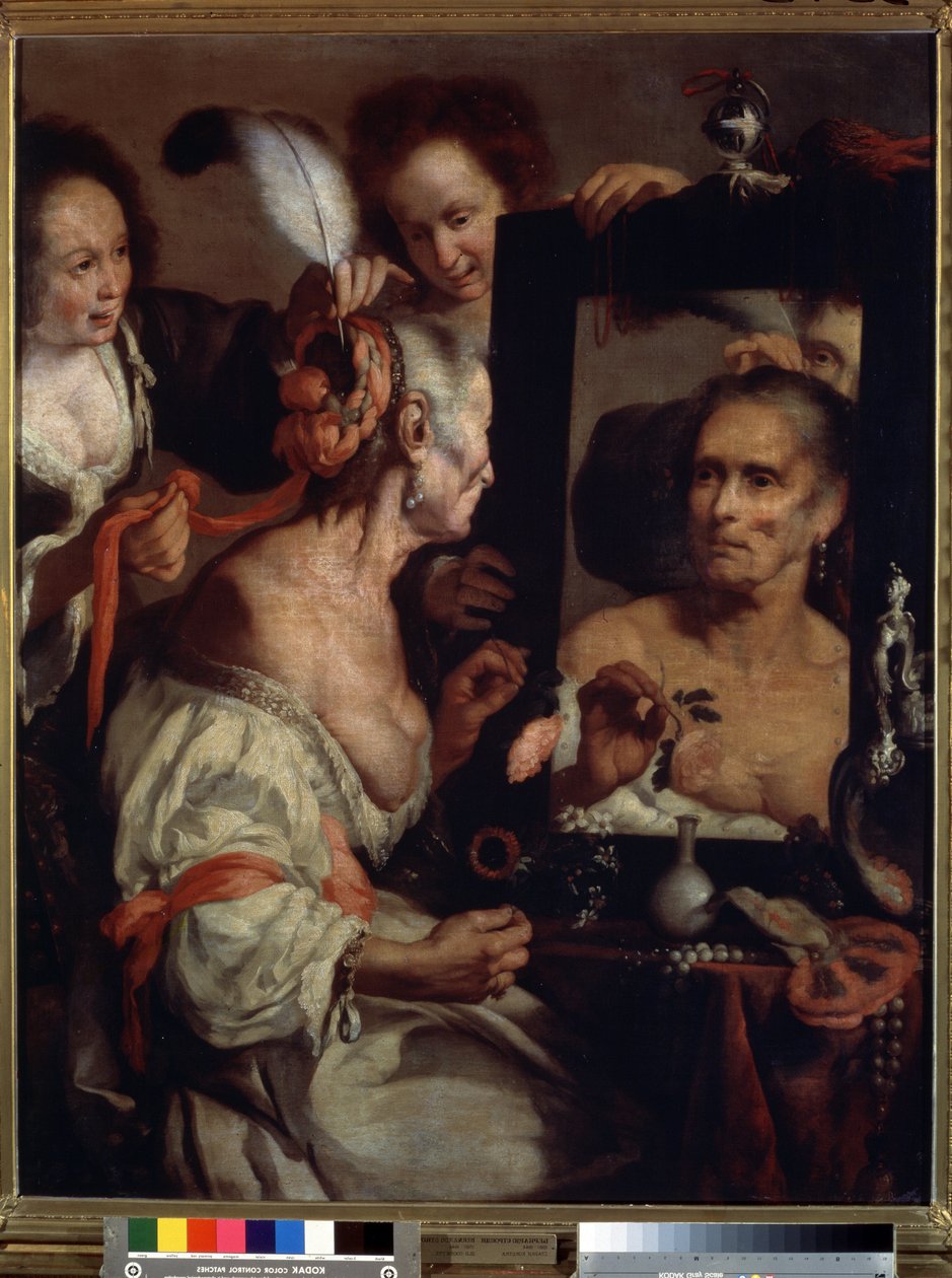 Stara kokietka, próżność (Stara kokietka, vanitas). Obraz Bernardo Strozziego (1581-1644). olej na płótnie autorstwa Bernardo Strozzi