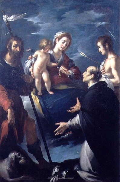 Madonna Różańcowa ze św. Rochem, św. Dominikiem i św. Sebastianem autorstwa Bernardo Strozzi