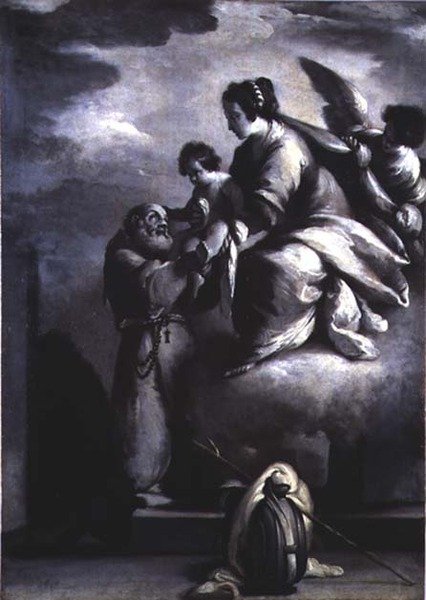 Dziewica wyciąga Dzieciątko Jezus do Błogosławionego Feliksa z Cantalice autorstwa Bernardo Strozzi