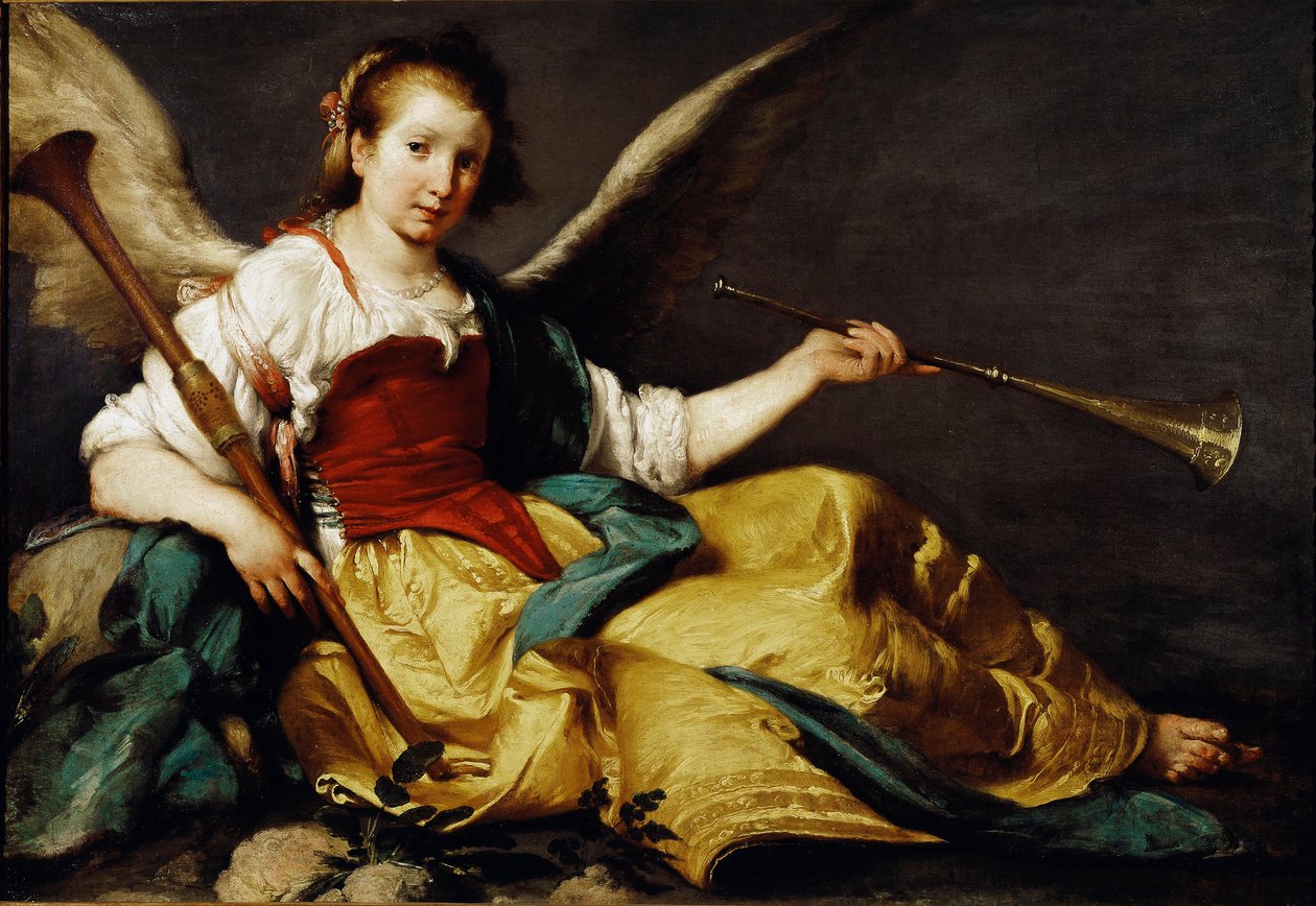 Alegoria zmiany nazwy Ona trzyma trąbkę (lewa ręka) i drewnianą chalemie (prawa ręka). Obraz Bernardo Strozziego (ok. 1581-1644). 1535-1536 wym. 106,7 x 151,7 cm Galeria Narodowa, Londyn autorstwa Bernardo Strozzi