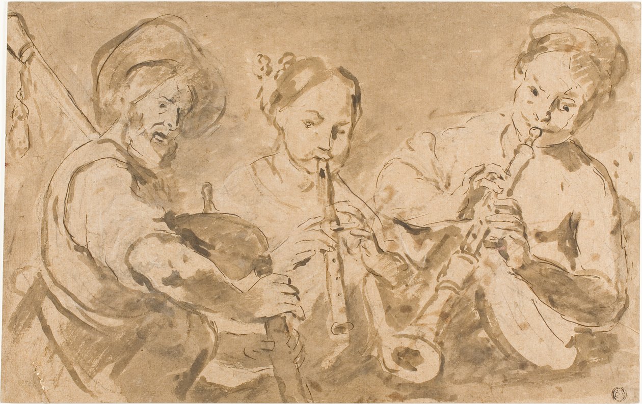 Trzech muzyków grających na rogach i piszczałkach autorstwa Bernardo Strozzi