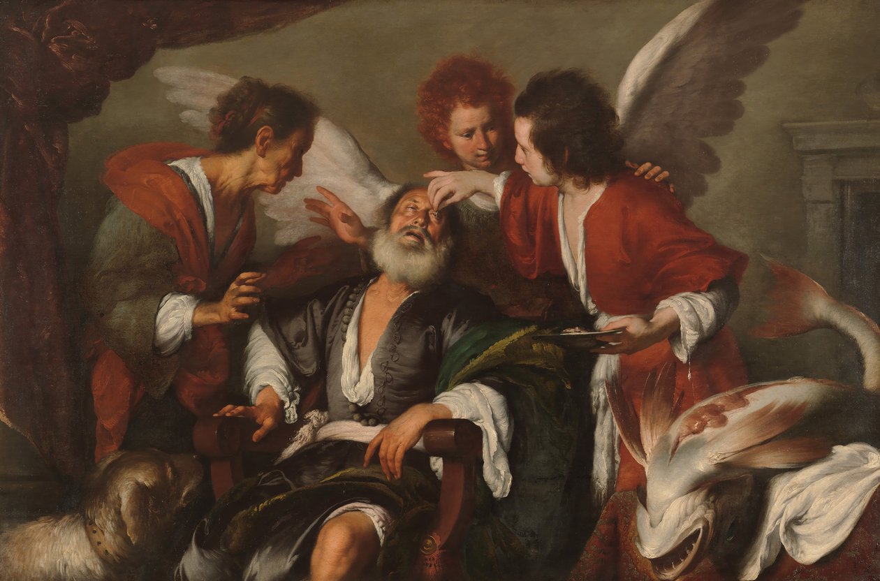 Tobiasz leczący ślepotę swoich ojców, 1630-35. autorstwa Bernardo Strozzi