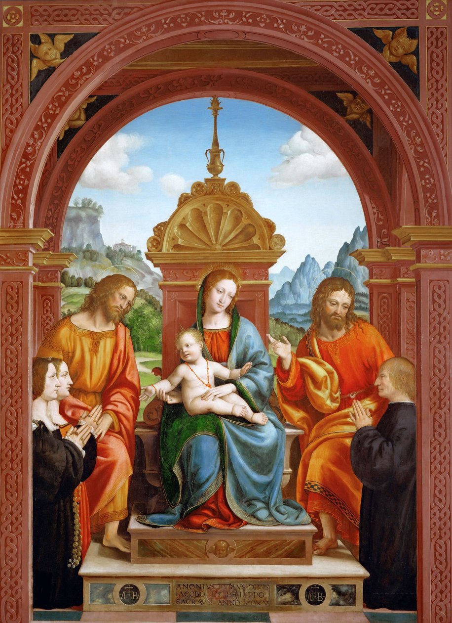 Madonna z Dzieciątkiem ze świętymi Jakubem, Filipem i rodziną Antonio Busti, 1515-1517. autorstwa Bernardo Zenale