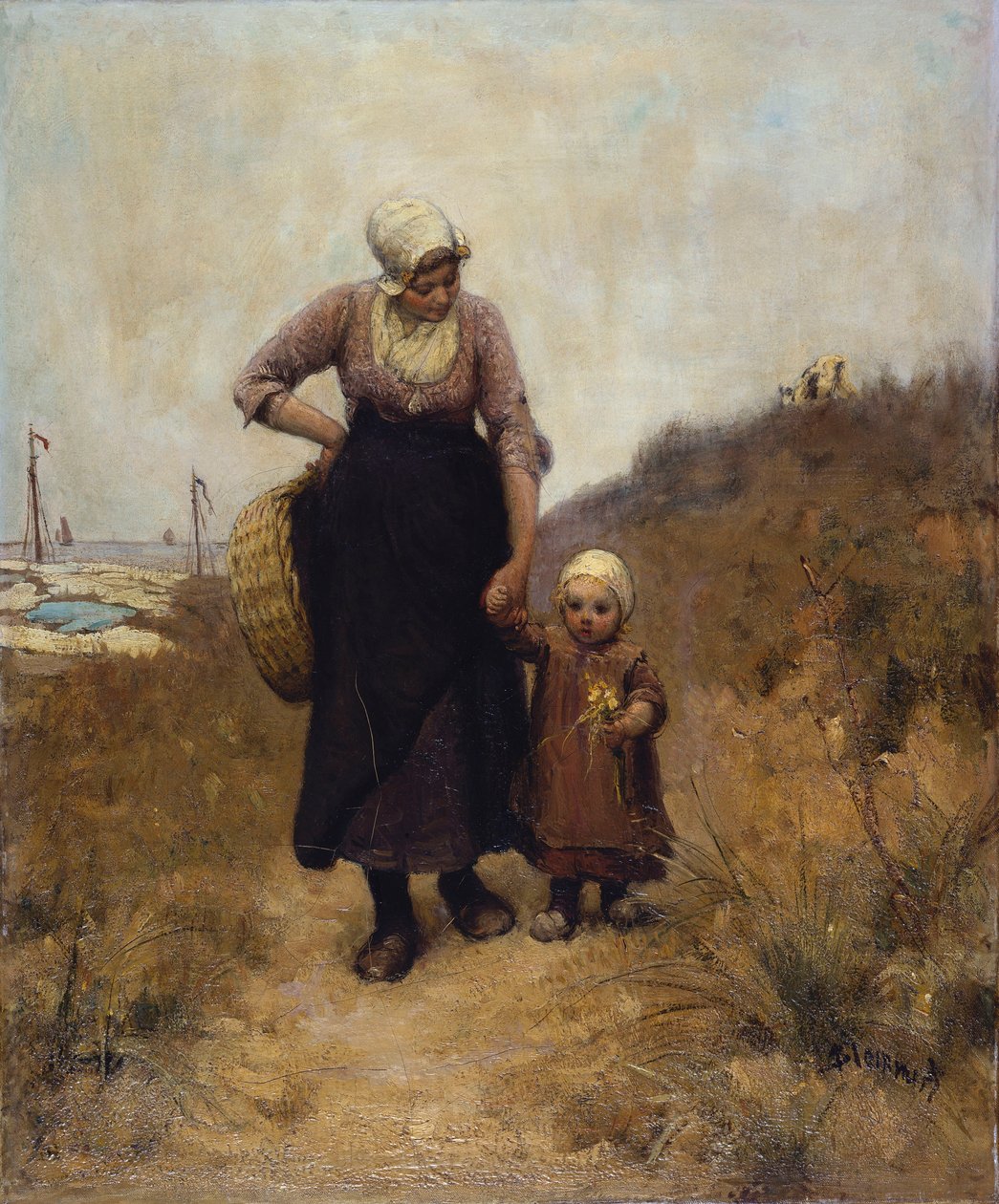 Matka i dziecko na ścieżce nad morzem autorstwa Bernardus Johannes Blommers or Bloomers