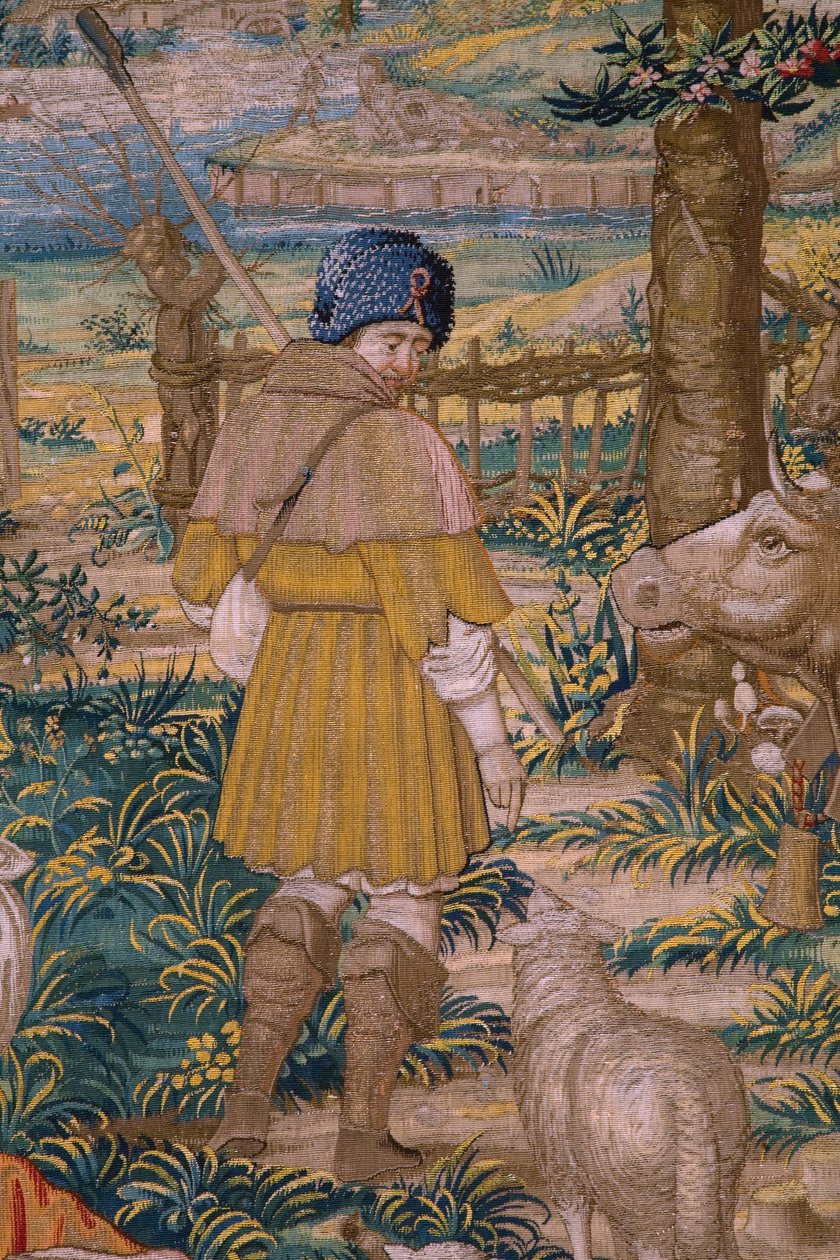 Flamandzki gobelin. Seria Fundacja Rzymu: Faustulus spotyka Romulusa i Remusa. Rysownik Barend van Orley (?). Produkcja brukselska. 1525-1530. Szczegół. autorstwa Bernart van (attr. to) Orley