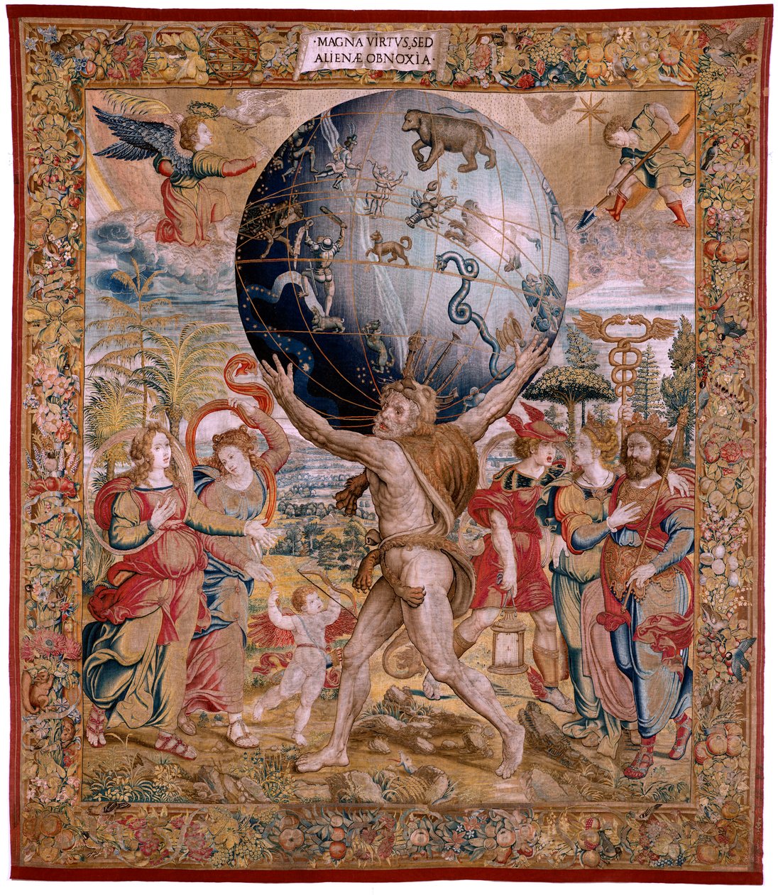 Flamandzki gobelin. Seria Kule. Herkules podtrzymujący sferę niebieską (Hércules sostiene la esfera celeste). Pierwszy gobelin z serii. Model Barend van Orley lub Pieter Coecke van Aelst. 1525-1530. Manufaktura Joris Vezeleer (Georg Wezeler)?, B autorstwa Bernart van (attr. to) Orley