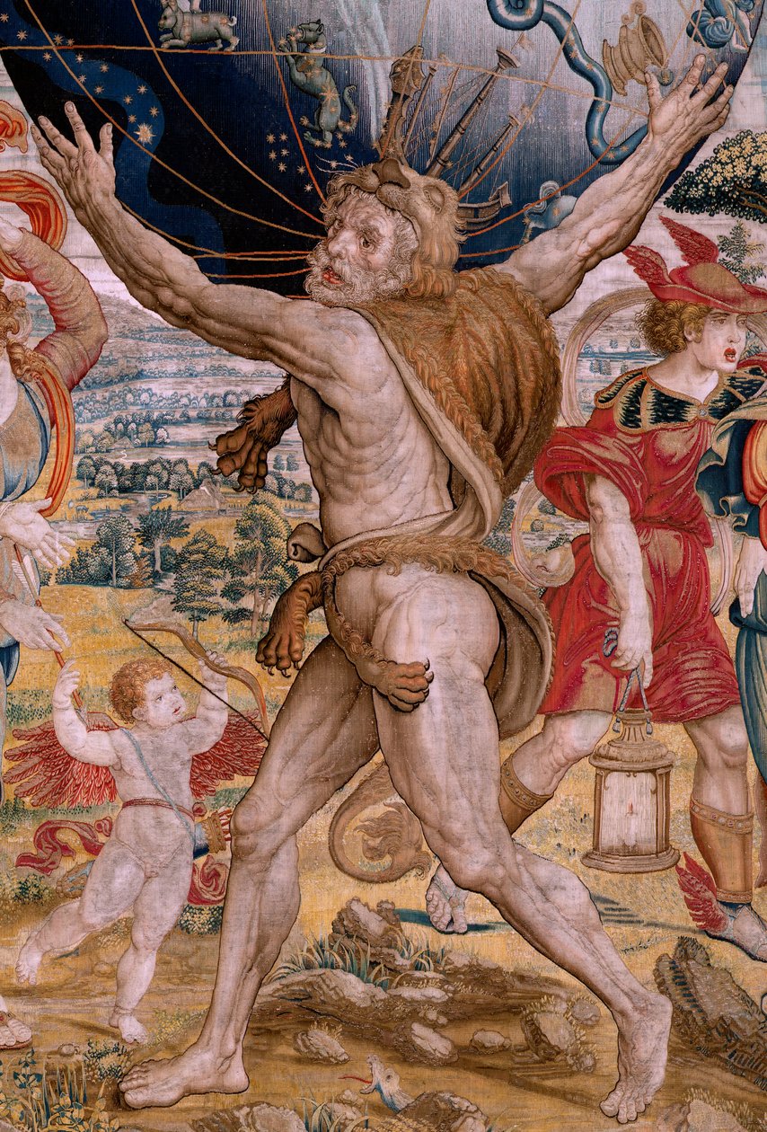 Flamandzki gobelin. Seria Kule. Herkules podtrzymujący sferę niebieską (Hércules sostiene la esfera celeste). Pierwszy gobelin z serii. Model Barend van Orley lub Pieter Coecke van Aelst. 1525-1530. Manufaktura Joris Vezeleer (Georg Wezeler)?, autorstwa Bernart van (attr. to) Orley
