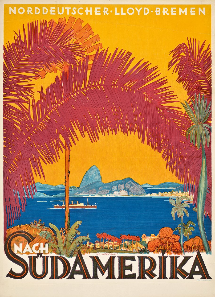 Plakat reklamujący niemiecką firmę żeglugową „Norddeutscher Lloyd” autorstwa Bernd Steiner