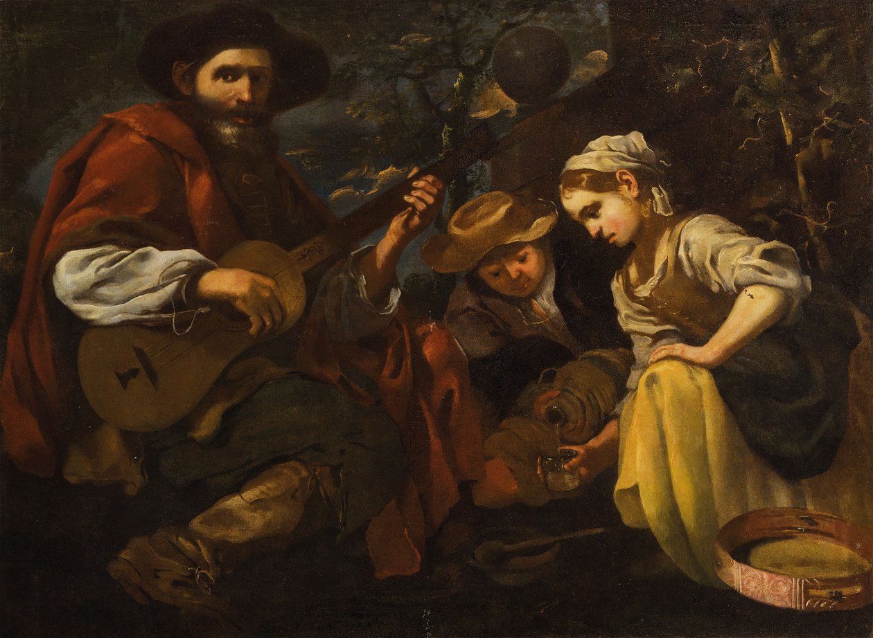 Gitarzysta z chłopcem i dziewczynką (Alegoria słuchu i smaku) autorstwa Bernhard Keil