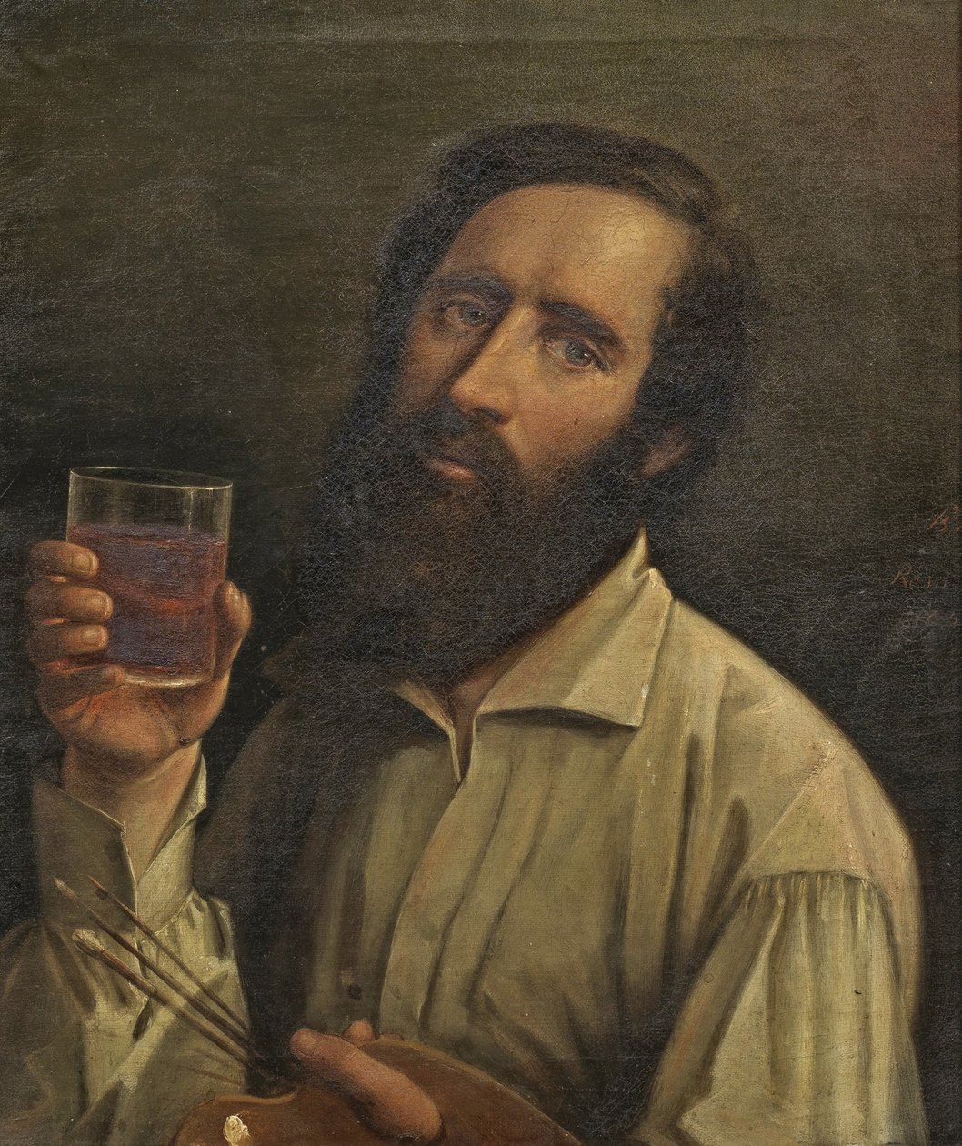Bernhard Plockhorst - Autoportret z paletą i kubkiem wina, 1854 r. autorstwa Bernhard Plockhorst