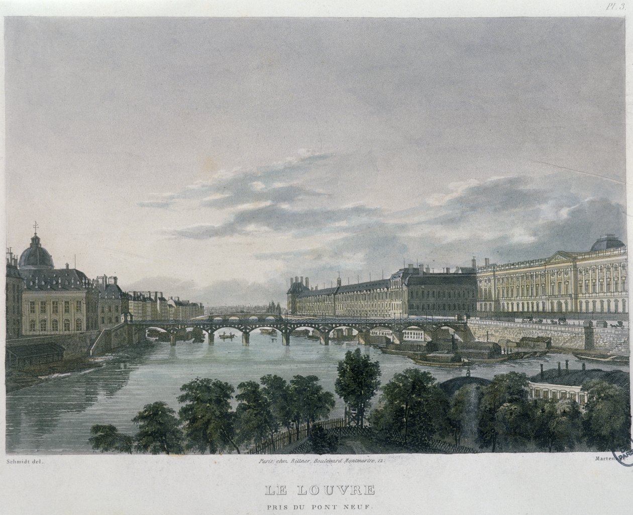 Pont lub Passerelle des Arts, Paryż, 1832 (rycina kolorowa) autorstwa Bernhard Schmidt