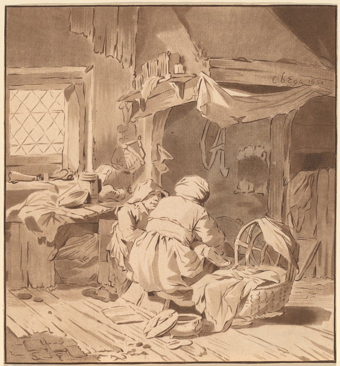 Wnętrze domu chłopskiego z dwiema kobietami, 1772, wydane 1787. autorstwa Bernhard Schreuder