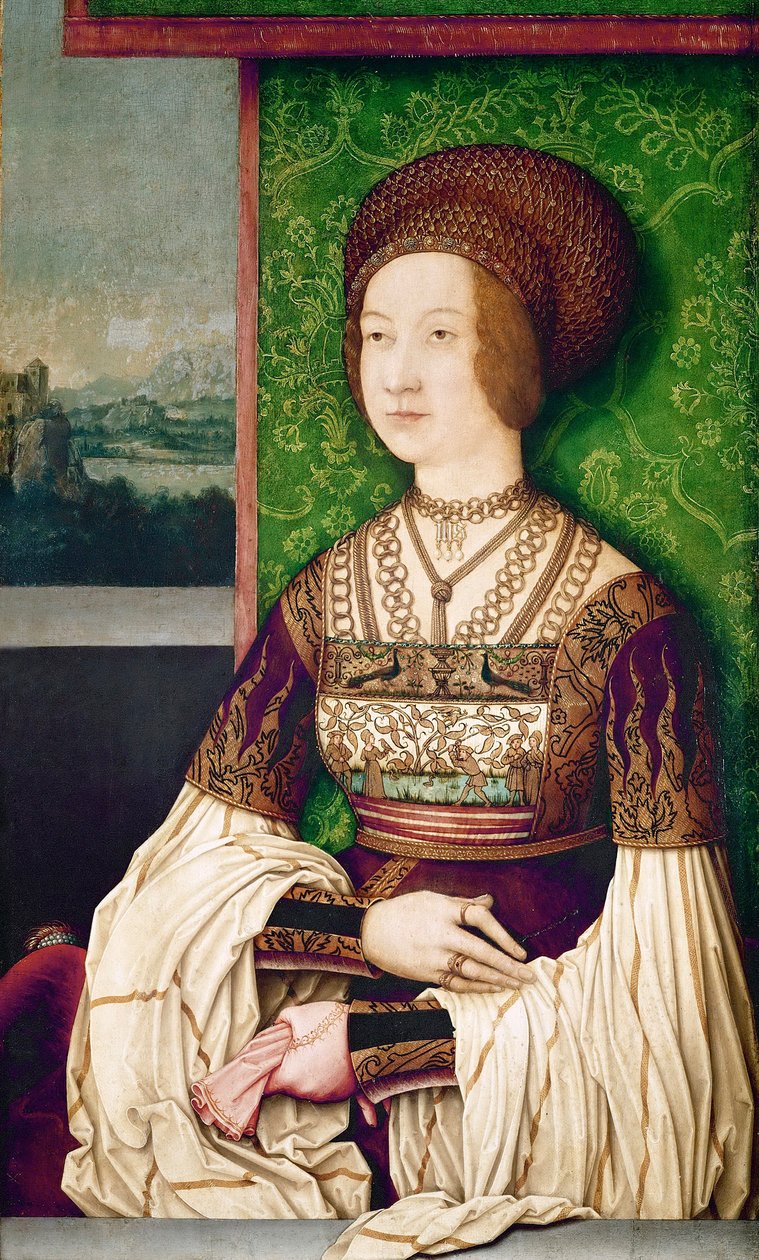Rodzina cesarza Maksymiliana I: portret cesarzowej Bianki Marii (Blanche-Marie) Sforzy (1472-1510)"" - Portret Bianki Marii Sforzy (1472-1510), drugiej żony Maksymiliana I, cesarza rzymskiego, autorstwa Strigel, Bernhard (ok. 1460-1528) (lub l autorstwa Bernhard Strigel