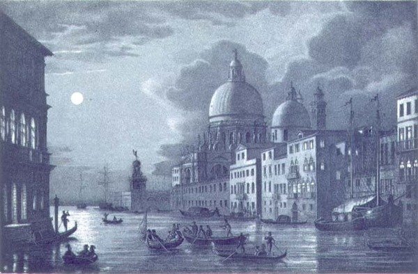 Scena nocna z Canale Grande i Santa Maria della Salute, Wenecja, sztychowana przez Brizeghela (lito) autorstwa Berselli (after)