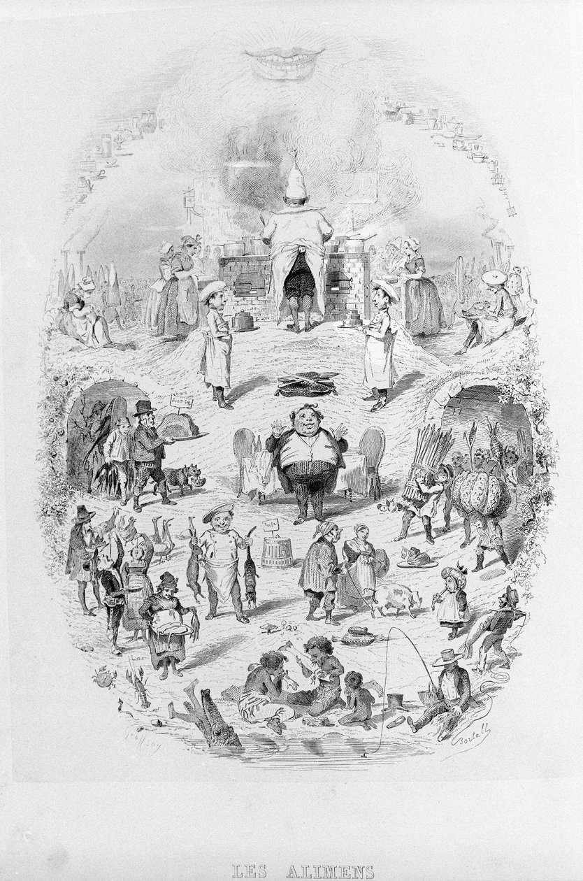 Jedzenie: gotowanie i różne sposoby przygotowywania jedzenia w Brillat - Savarin zilustrowane przez Bertalla. Paryż 1840. autorstwa Bertall