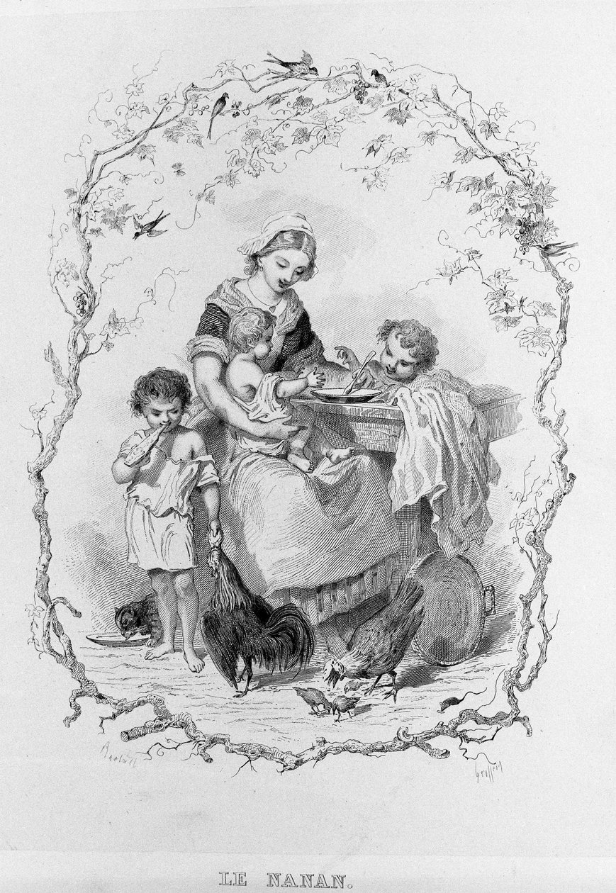 Nanan: młoda matka daje jedzenie trójce swoich dzieci w „La Physiologie du Gout” Brillata - Savarin z ilustracjami Bertala. Paryż 1840. Jean Anthelme Brillat Savarin (Brillat-Savarin) (1755-1826) Francuski gastronomia. autorstwa Bertall