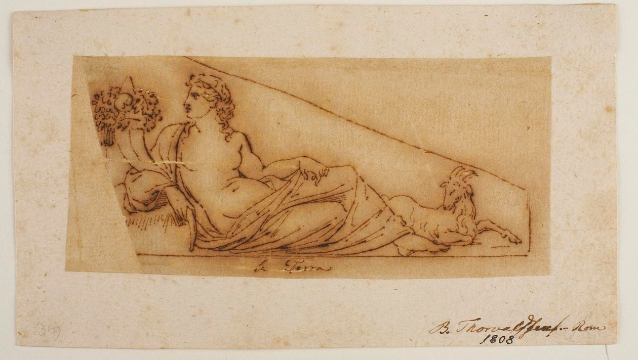 La Terra. Skizze einer Figur, ursprünglich für das Kopenhagener Rathaus und Gerichtsgebäude vorgesehen, später für das Giebelfeld am Schloss Christiansborg autorstwa Bertel Thorvaldsen