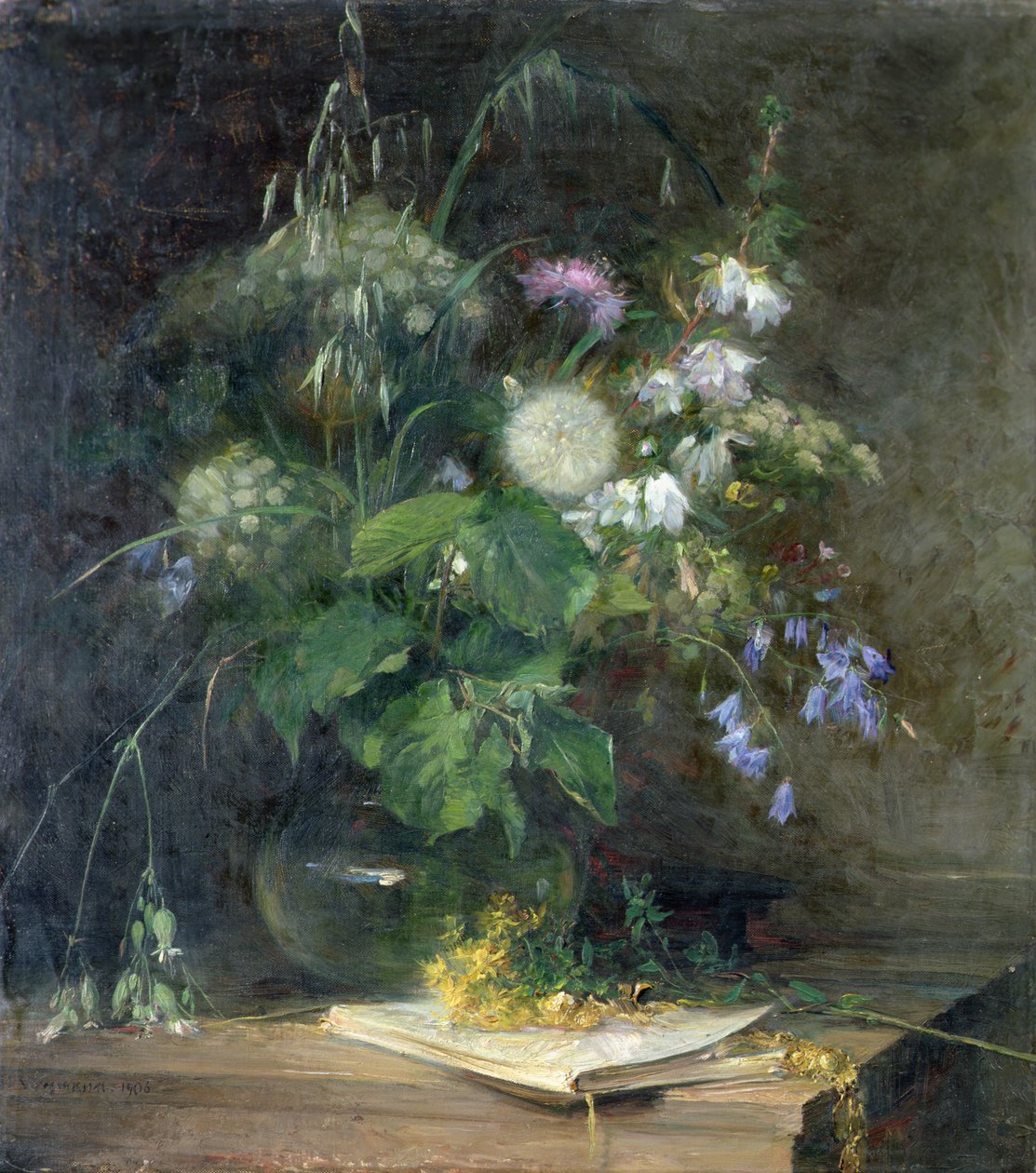 Dzikie kwiaty w szklanym wazonie autorstwa Bertha Wegmann