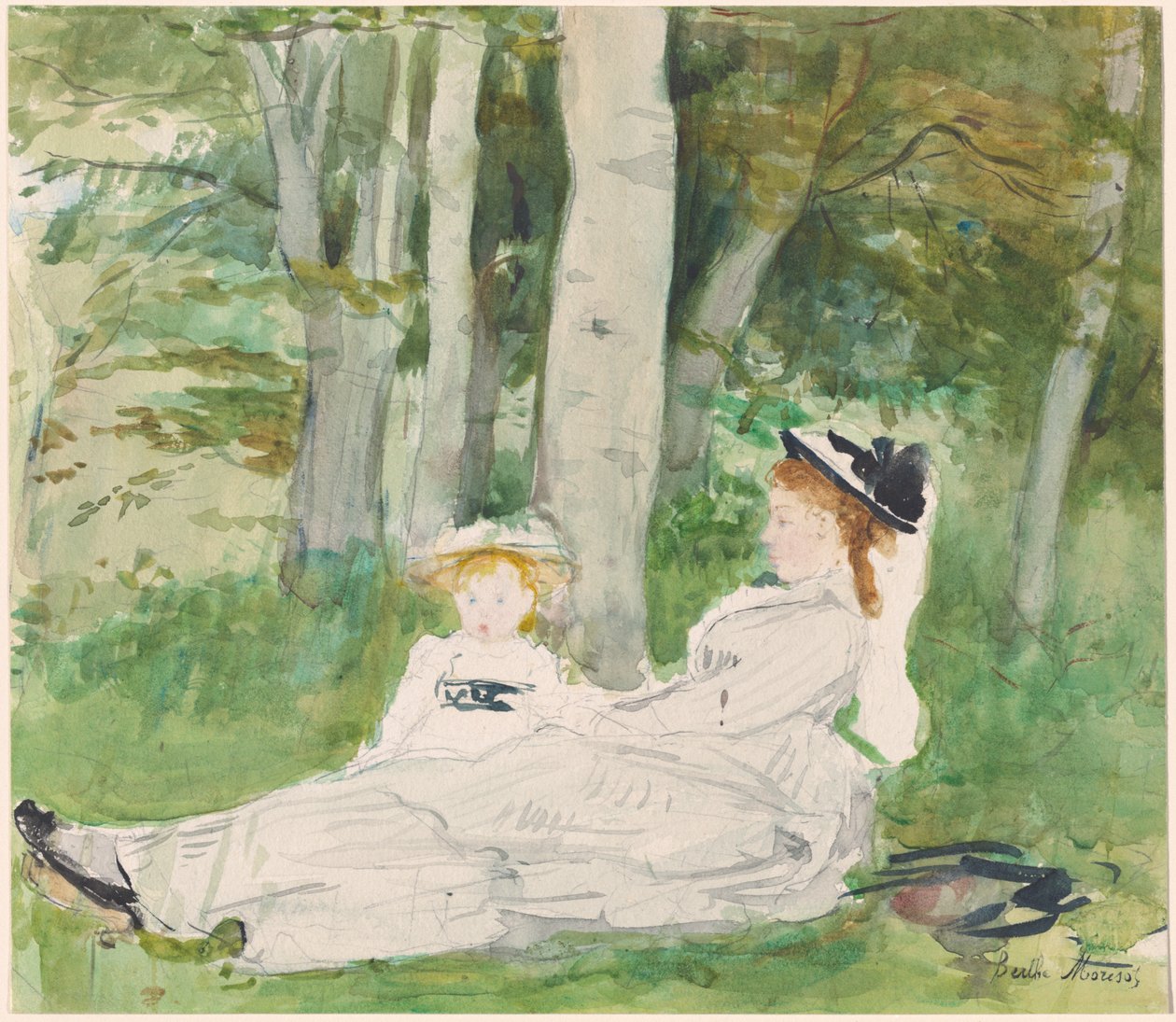 Na skraju lasu (Edma i Jeanne), ok. 1872 (wc i grafit na papierze) autorstwa Berthe Morisot