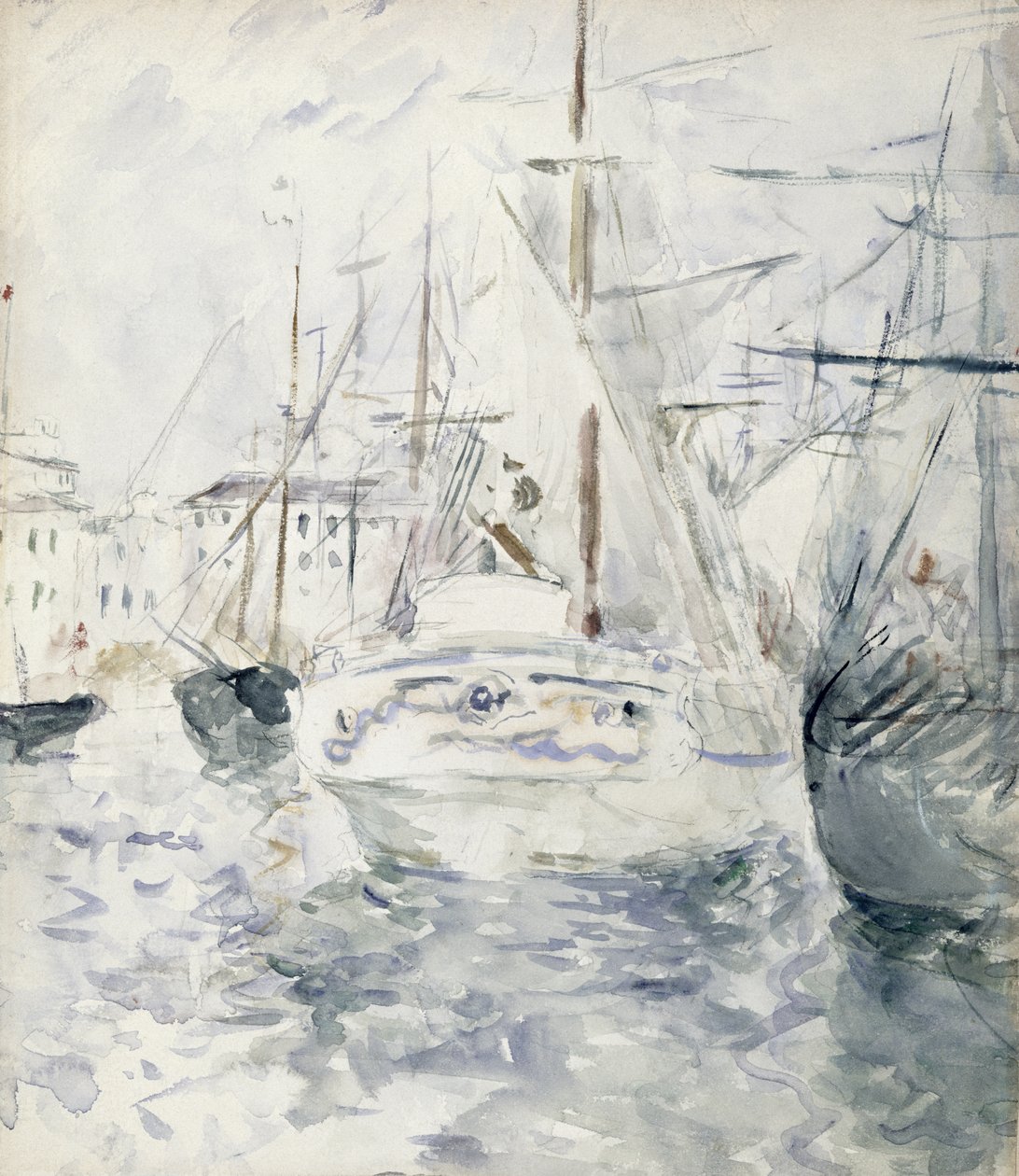 Biała łódź w porcie, Nicea, 1881 (wc na papierze) autorstwa Berthe Morisot