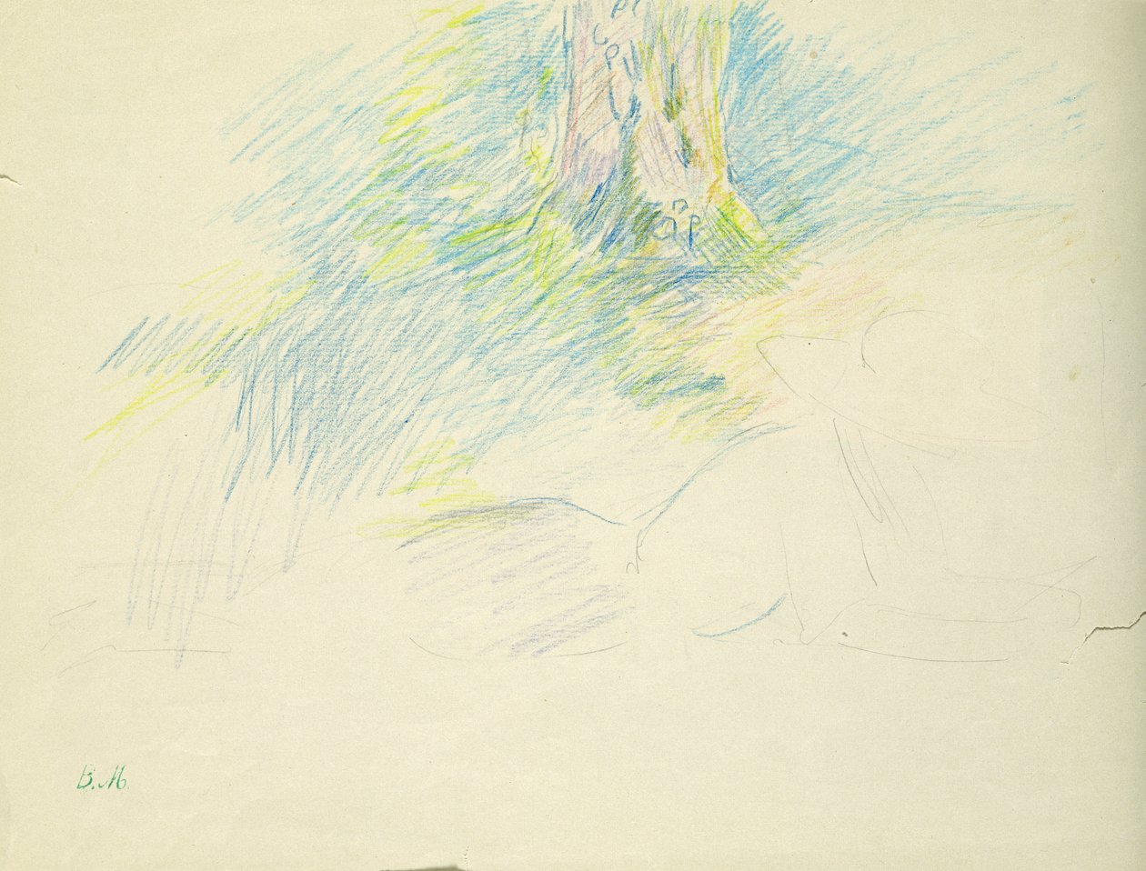 Młoda dziewczyna leżąca pod drzewem, 1891 (kolorowa kredka na papierze) autorstwa Berthe Morisot