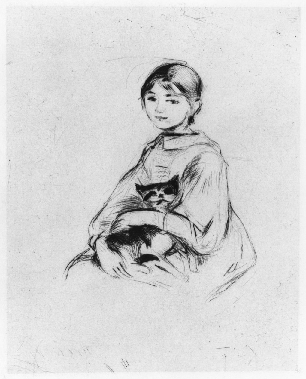 Młoda dziewczyna z kotem, 1889 (sucha igła) autorstwa Berthe Morisot