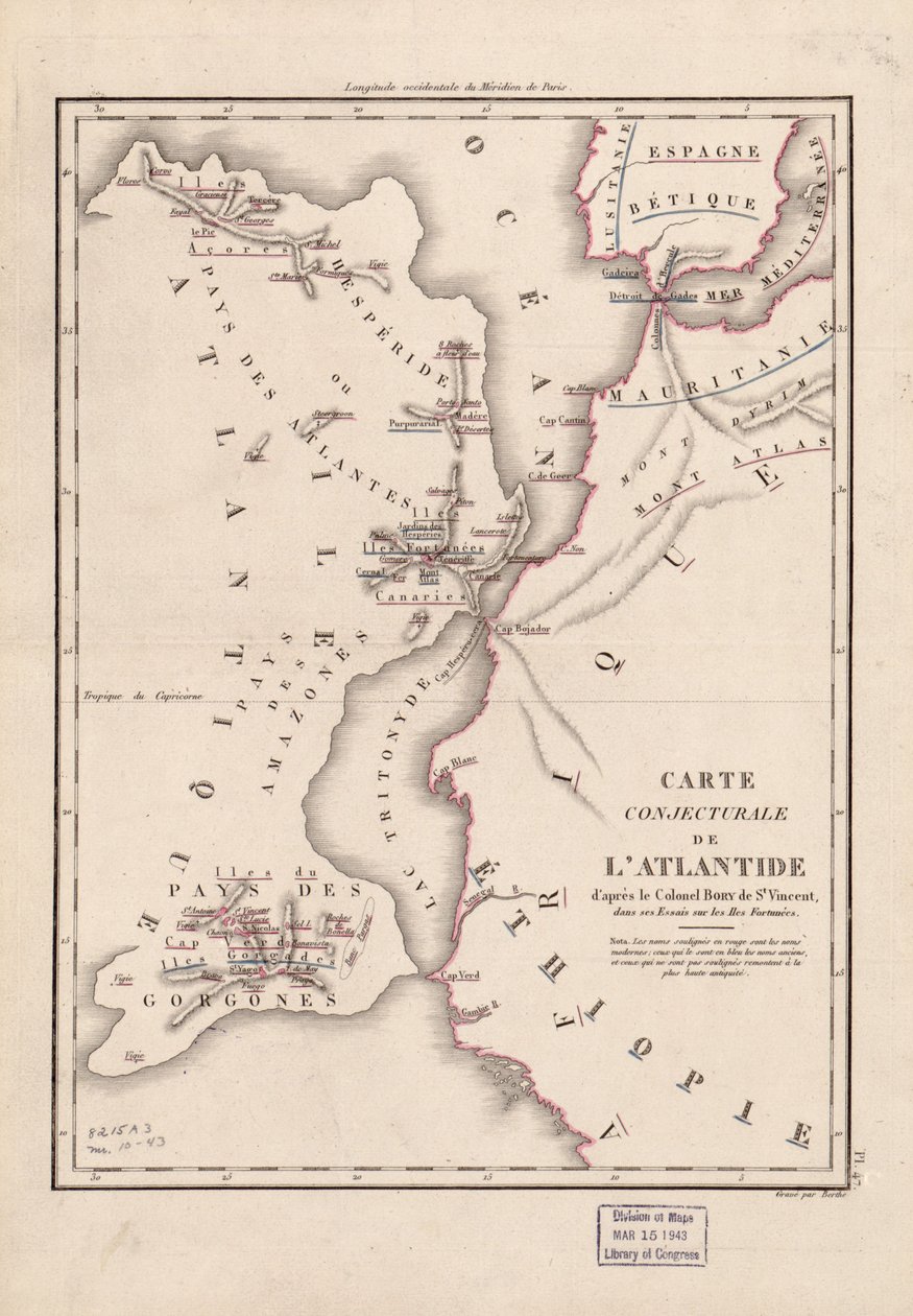 Przypuszczalna mapa Atlantydy - za pułkownikiem Bory de St. Vincent... LOC 2006627670 autorstwa Berthe