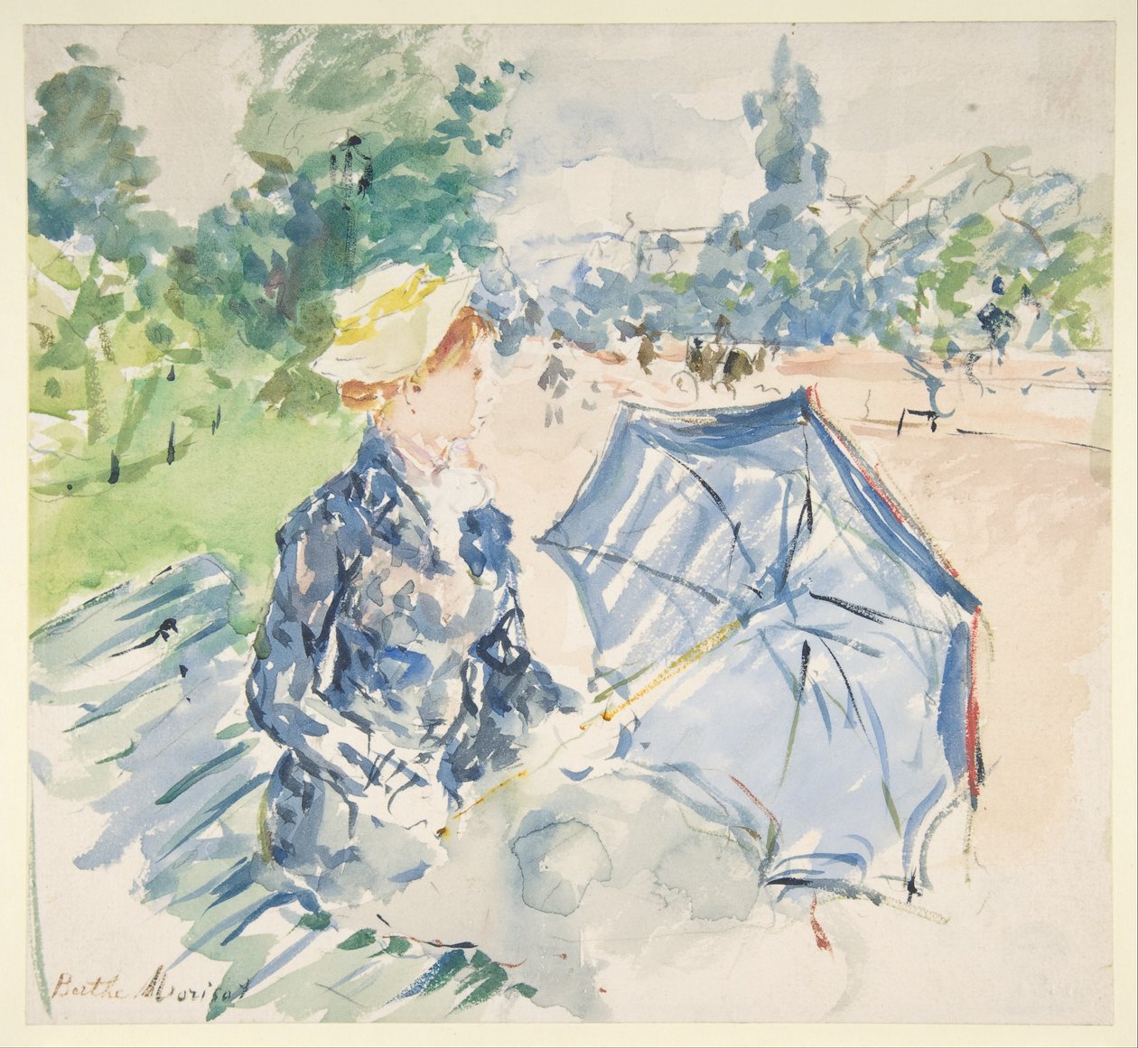 Kobieta siedząca na ławce przy Avenue du Bois autorstwa Berthe Morisot